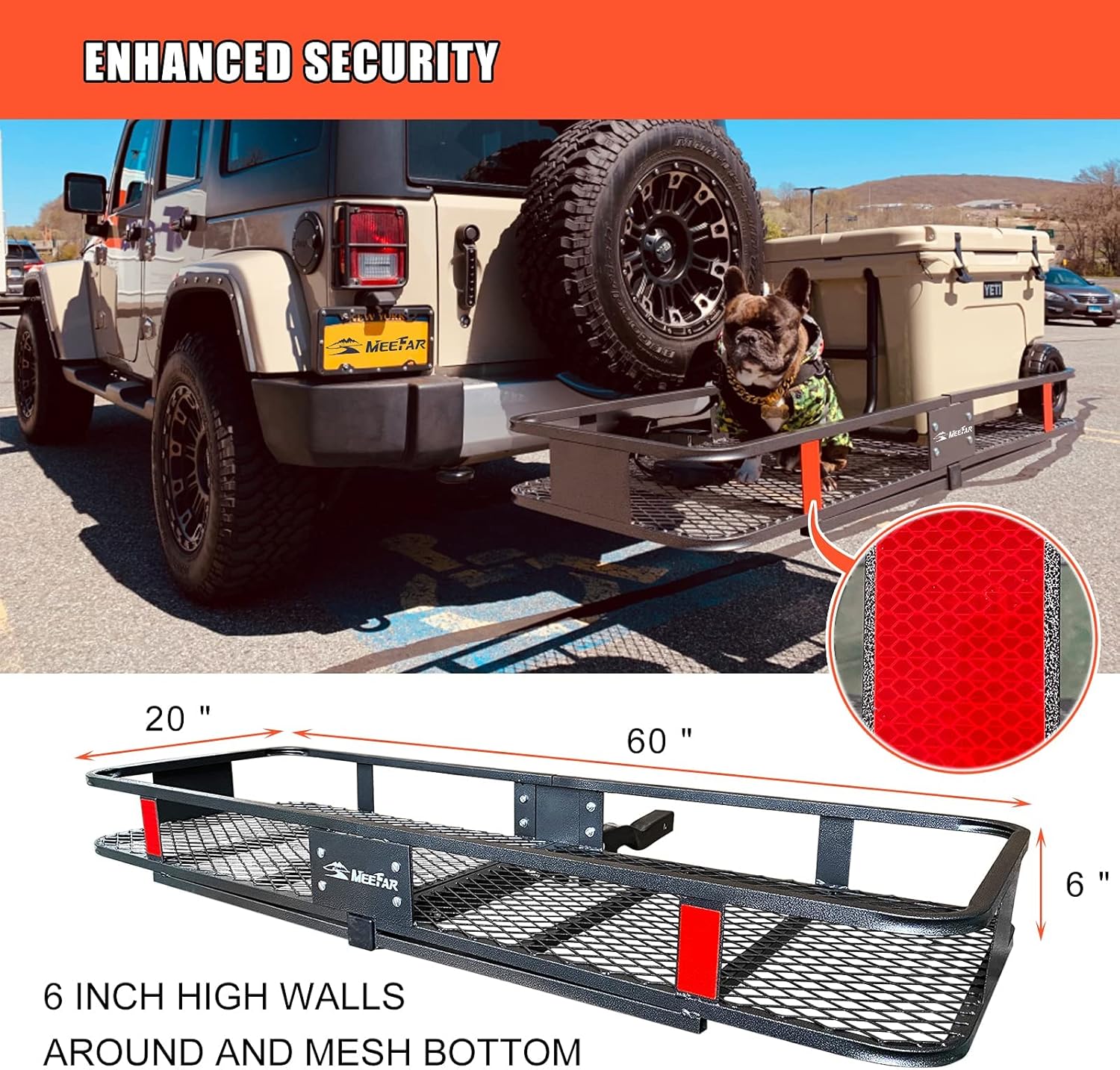 MeeFar Folding Hitch Mount Cargo Carrier Basket 60" X 20" X 6", Hauling Weight Capacity of 500 Lbs and A Folding Arm. with Hitch Stabilizer, Net and Straps