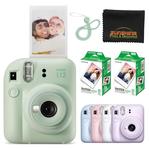 Fujifilm Instax Mini 12 Instant Camera Pastel Blue with 40 Sheets Fujifilm Instax Mini Film Bundle, Sunshine Photo Microfiber Cleaning Cloth Included