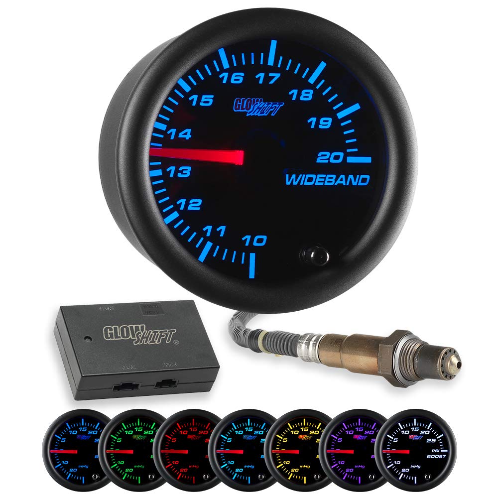 GlowShift Black 7 Color Analog Needle Wideband Air / Fuel Ratio AFR Gauge - Includes Oxygen Sensor, Data Logging Output & Weld-in Bung - Black Dial - Clear Lens - 2-1/16" 52mm