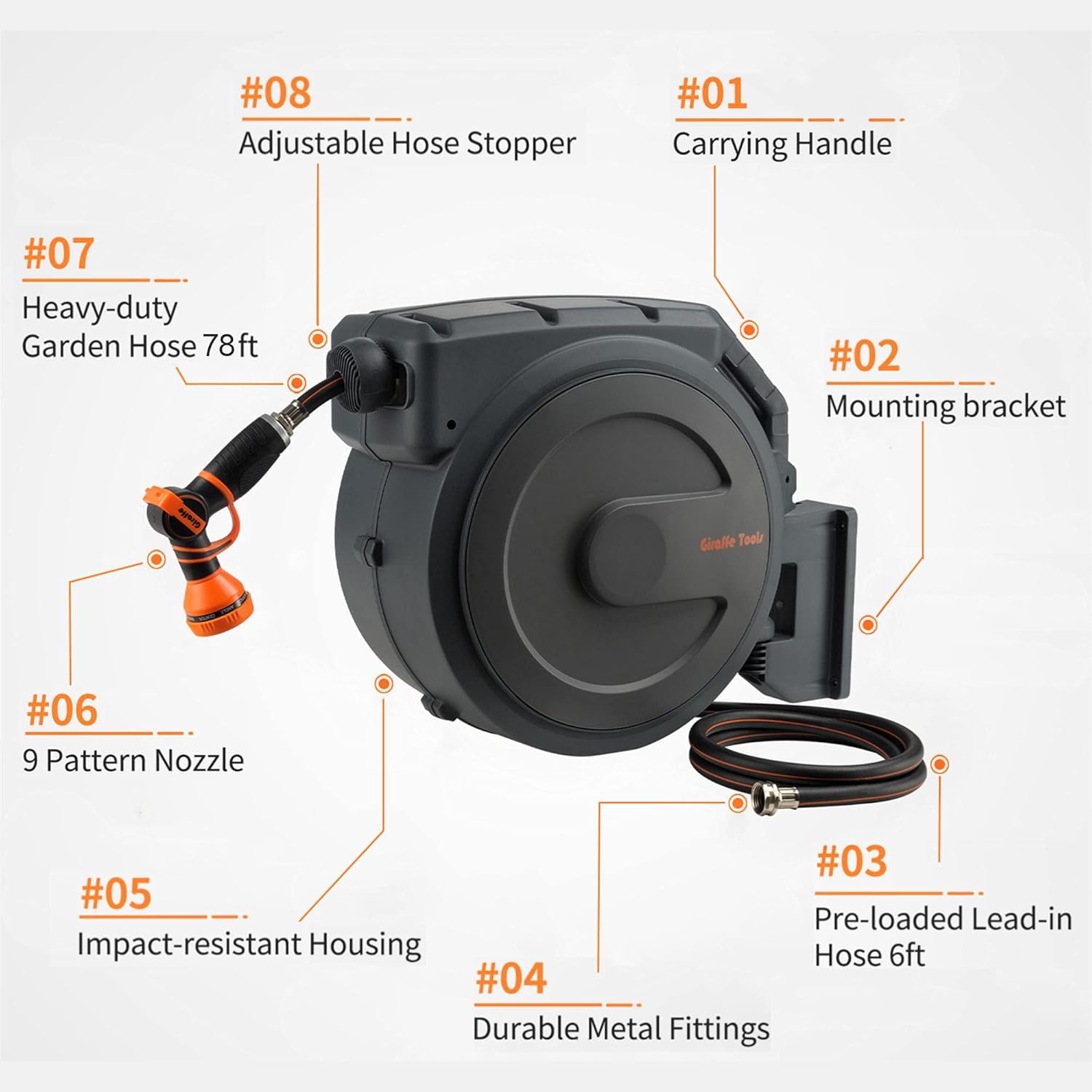 Giraffe Wall Mounted Hose Reel Retractable, 1/2" 78ft Heavy Duty Garden Hose Reel with 9 Pattern Hose Nozzle, Any Length Lock/Automatic Rewind/180° Swivel Bracket