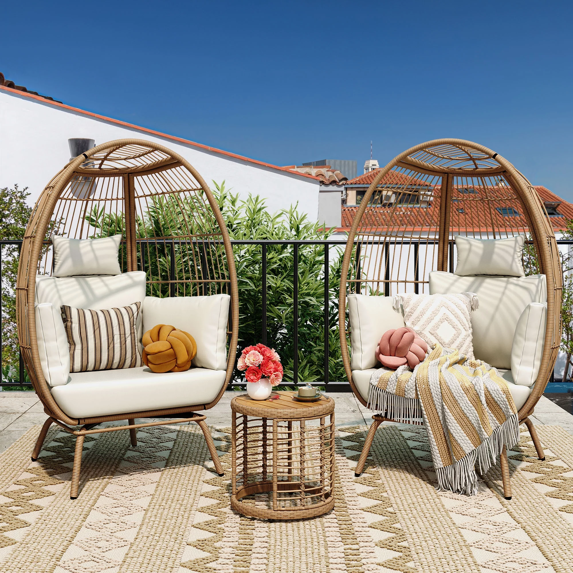 DWVO 2-Piece Wicker Egg Chair with Coffee Table Outdoor Indoor Oversized Lounger with Stand, Table, Cushions, Egg Basket Chair for Patio Backyard Porch - Beige