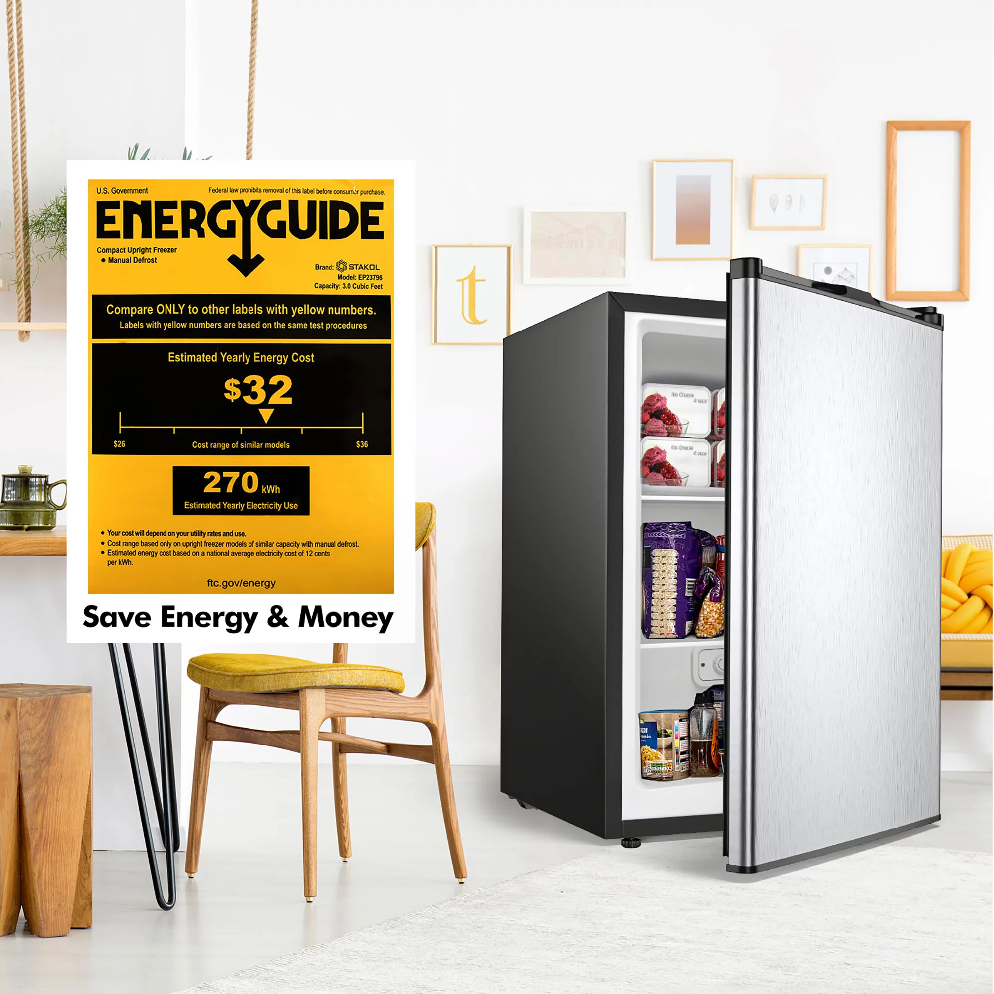 STAKOL 3 cu.ft. Compact Upright Freezer w/Single Stainless Steel Door Removable Shelves