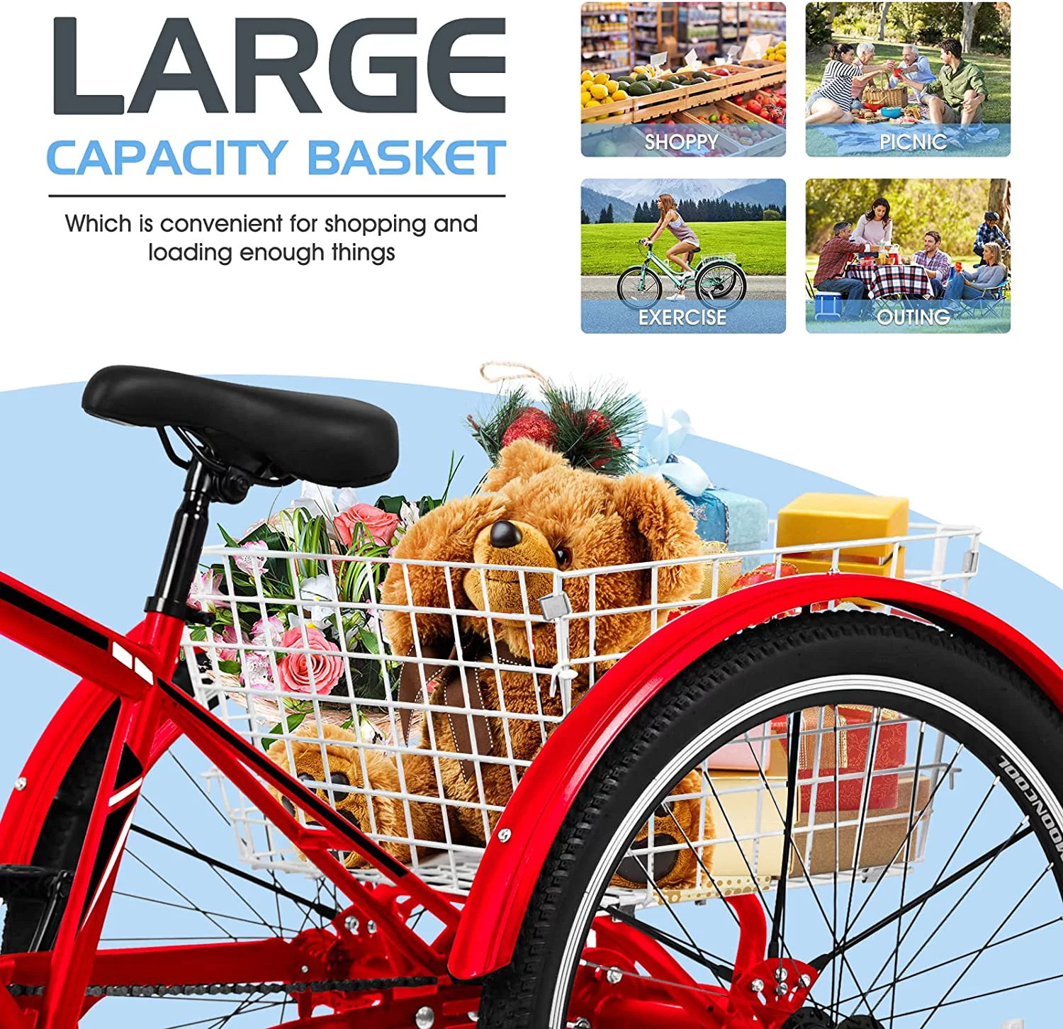 ABORON Mountain Tricycle for Adults, 3 Wheeled 7-Speed Mountain Tricycle 24/26/27.5 inch Men's Women's Tricycles Cruiser Bike with Cargo Basket