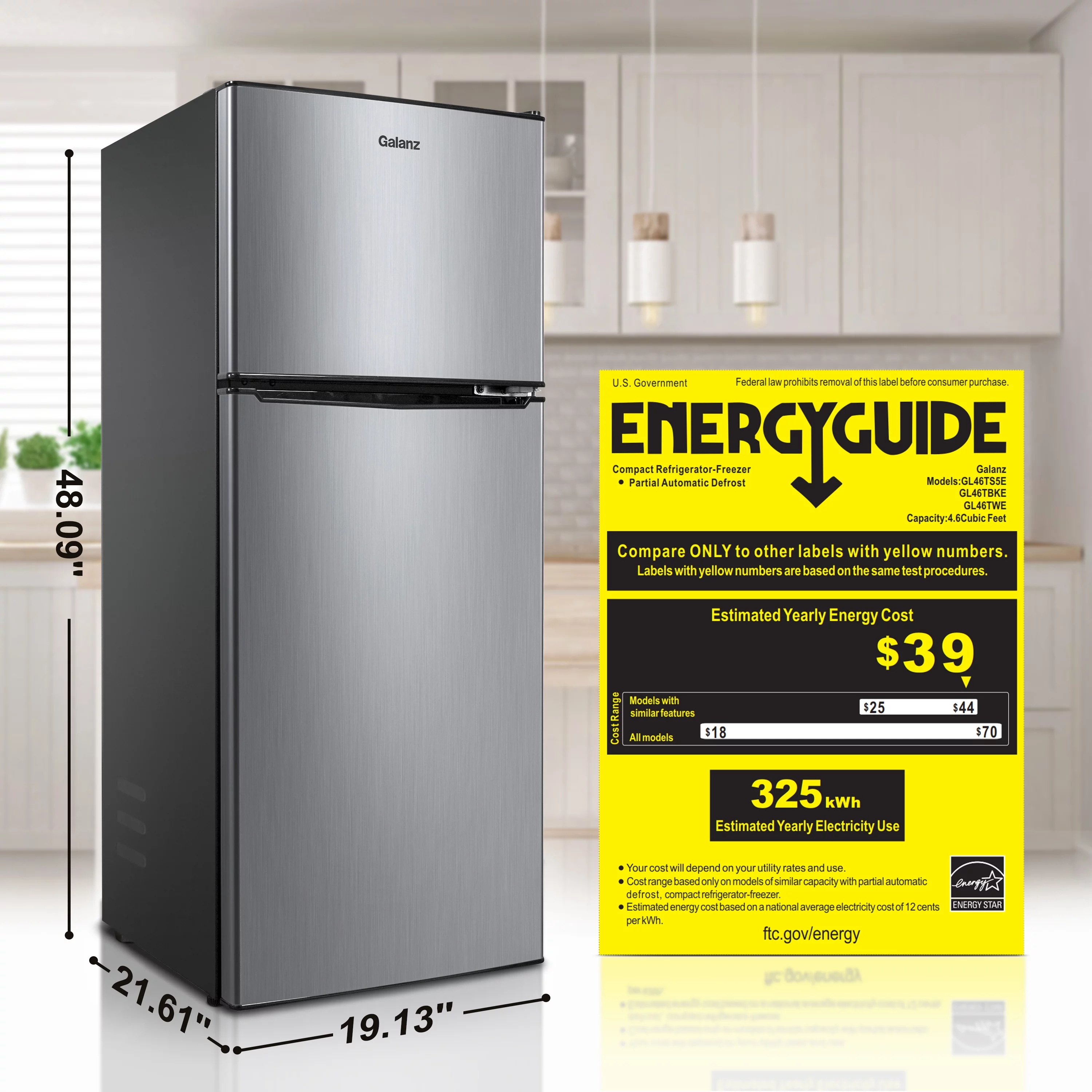Galanz 4.6. Cu ft Two Door Mini Fridge with Freezer, Stainless Steel Look new