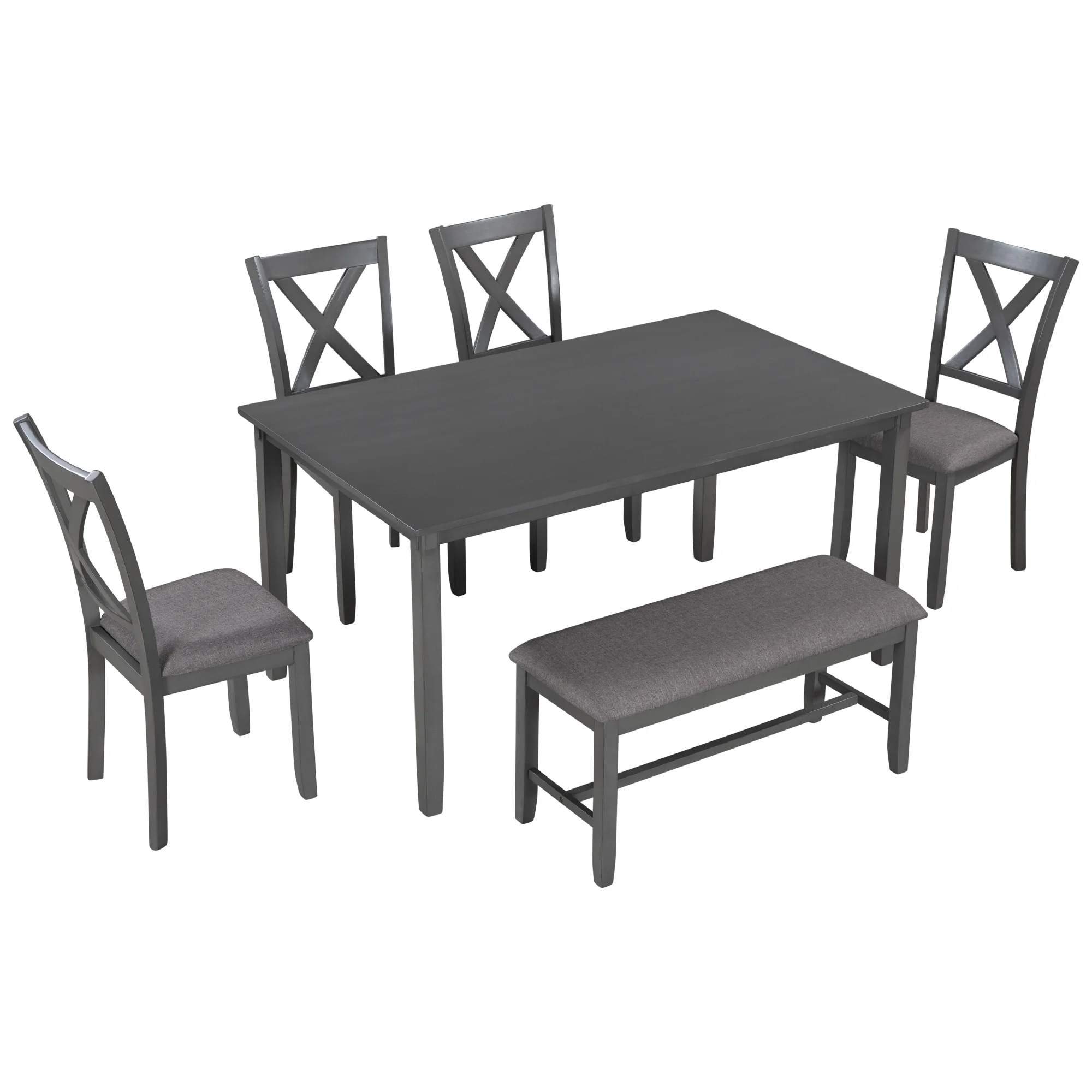 Gray 6-Piece Wooden Dining Table Set with 4 Fabric Chairs and Bench, Seats for 6