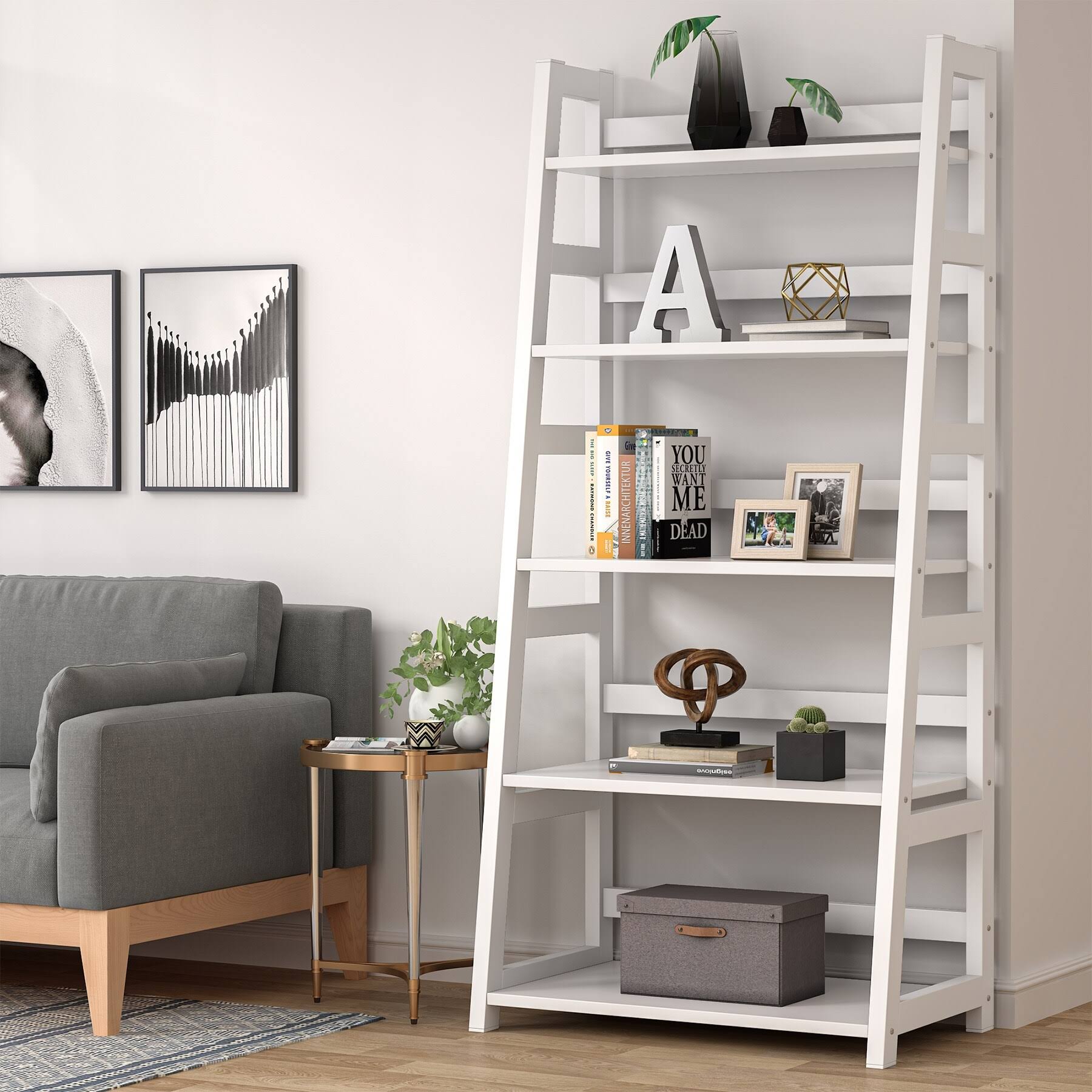 5-Tier Ladder Bookshelf Bookcase, 5 Shelf Ladder Shelves for Living Room - Brown
