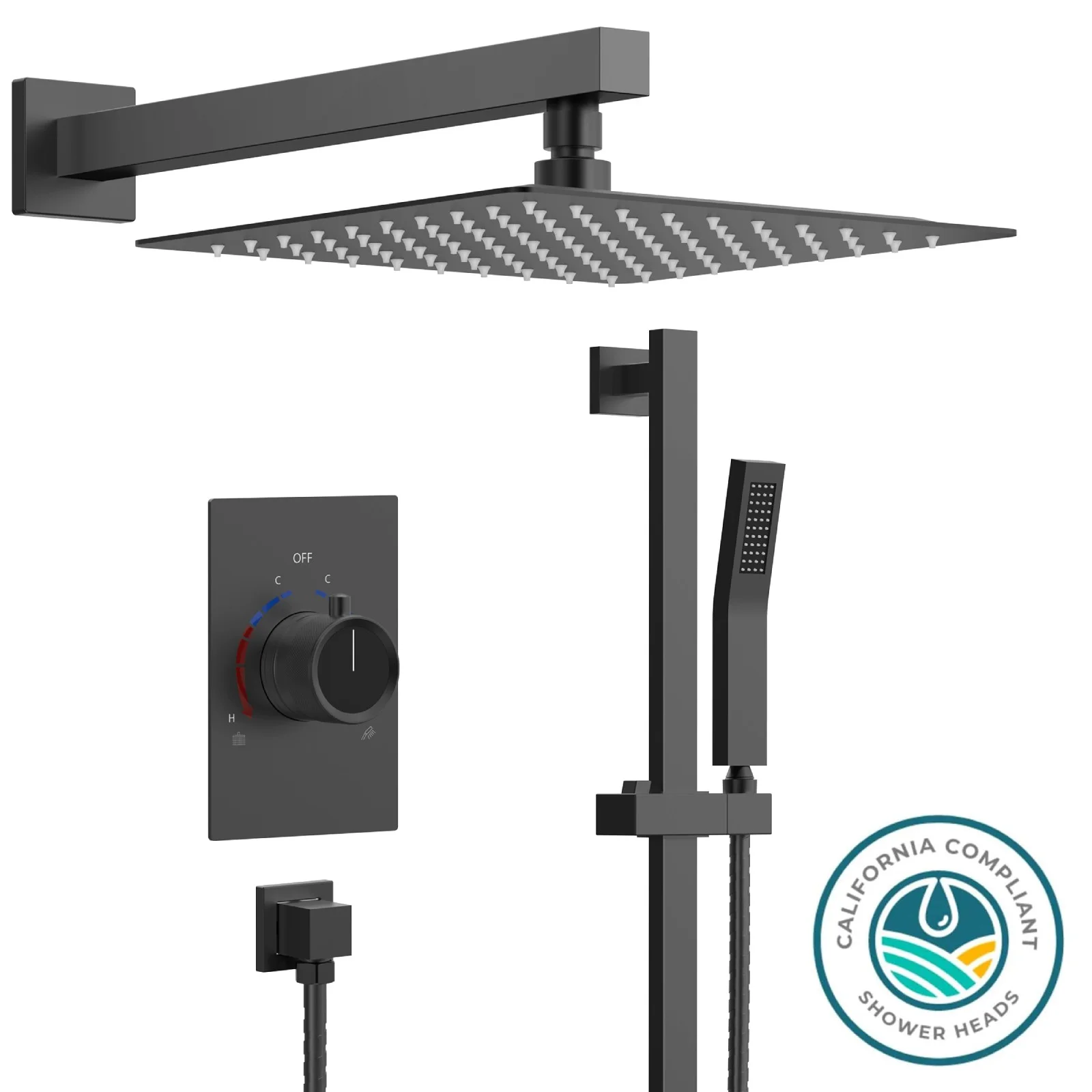 EVERSTEIN Bathroom Shower Faucet Set with Handheld, & Adjustable Slide Bar Wall Mount 10 in. Shower Head Shower System with Balanced Valve Trim Kit CEC 1.8 GPM For CA, Matte Black