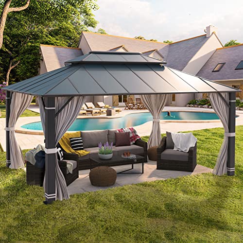 YOLENY 10' x 12' Hardtop Gazebo, Wood-Looking Gazebo with Galvanized Steel Double Roof, Aluminum Frame, Permanent Metal Pavilion with Netting and Curtains for Deck, Backyard, Patio and Lawns