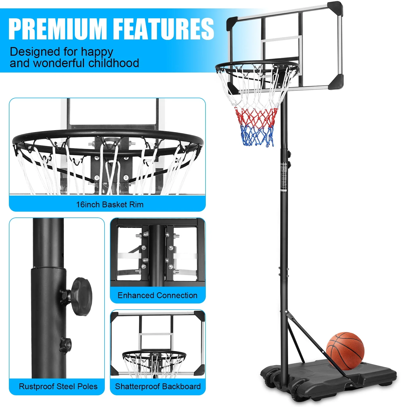 HooKung Portable Basketball Hoops Height Adjustable 5.6ft -7ft Basketball System 28'' Backboard with Wheels for Teenagers Youth Indoor Outdoor Use