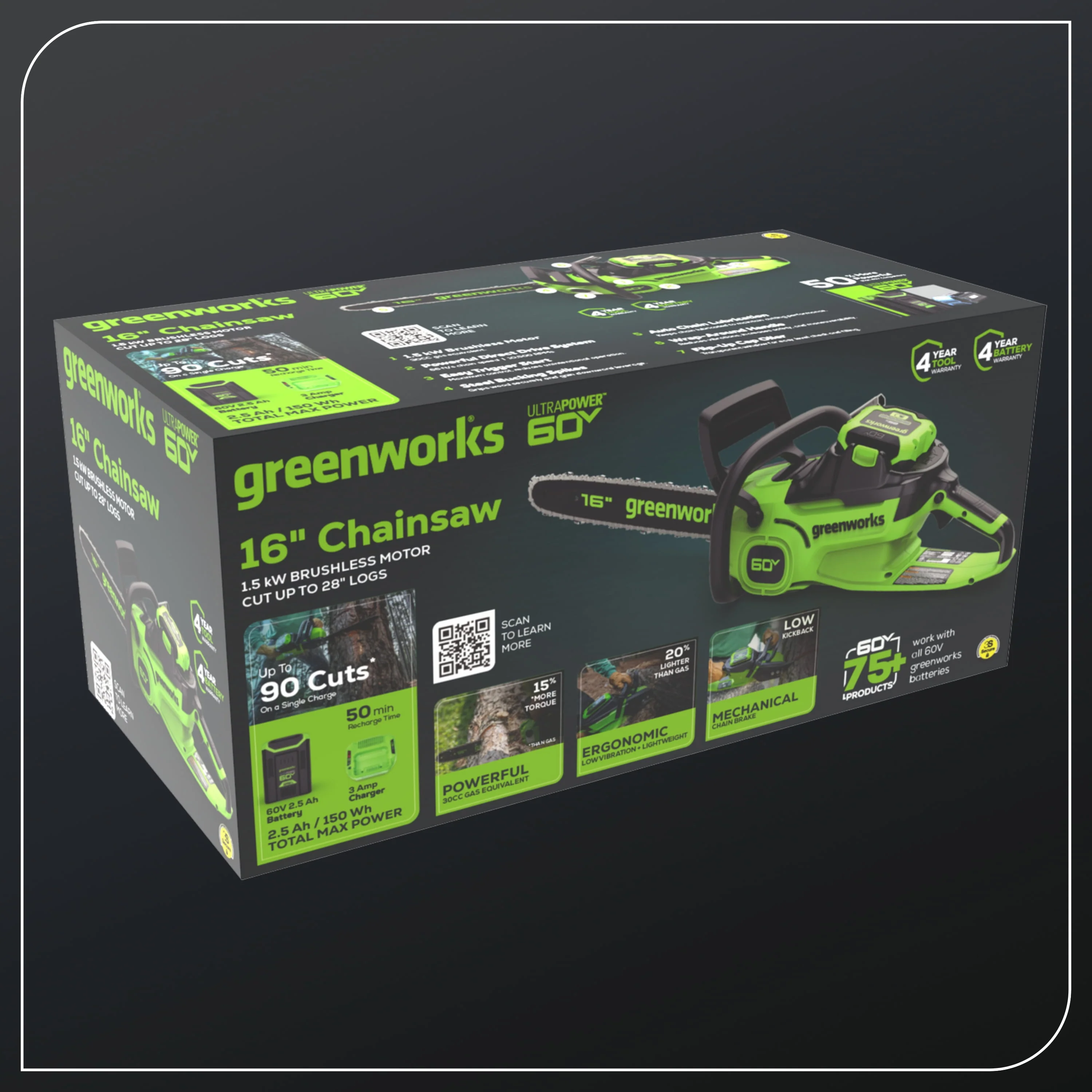 Greenworks 60V 16 1.5kW Brushless Chainsaw with 2.5 Ah Battery & 3 Amp Charger 2028602