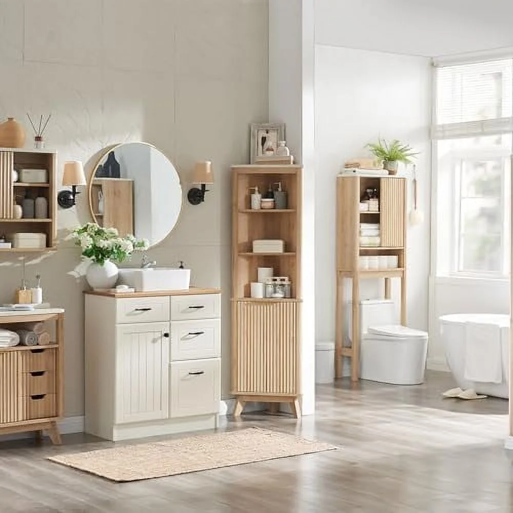 SQFHV Fluted Corner Cabinet  68" Tall Modern  Cabinet with Faux Marble Top and Adjustable Shelves  Curved Profile Bookshelf for Bathroom  Kitchen  Living Room  Dining Room  Natural Oa - Curated Treasures Market
