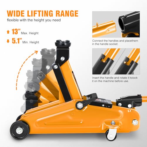 DNA MOTORING Floor Jack 3 Ton (6000 lbs) Capacity, Fast Lift Service Jack Low Profile Steel Heavy Duty Hydraulic Car Jack, Lifting Range 3"-20", Black, TOOLS-00475-BK