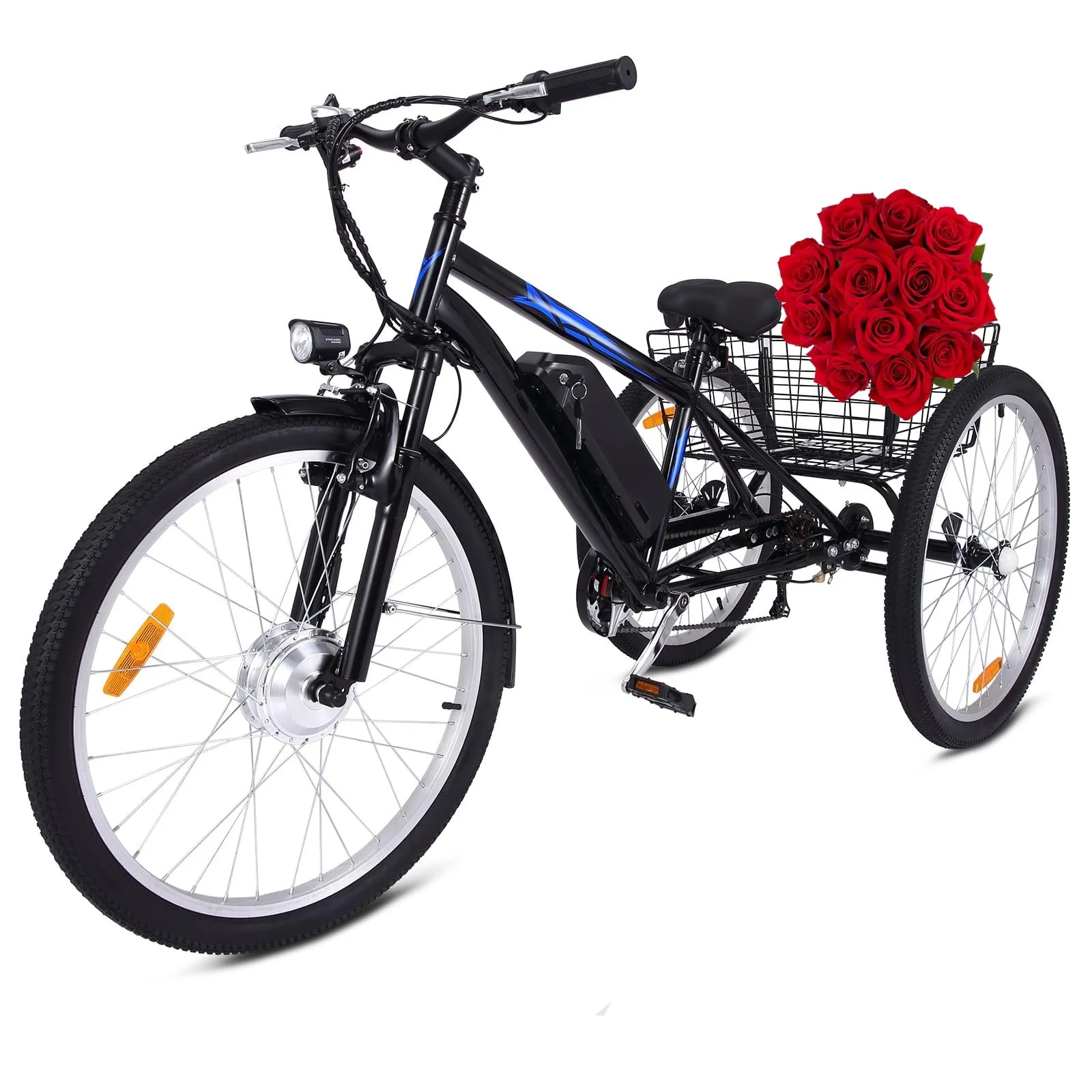 Soonbuy Electric Tricycle 24 Electric Trike, 7 Speeds Motorized Three Wheel Electric Bicycle, 3 Wheels Adult Electric Tricycle with Large Basket,Orange