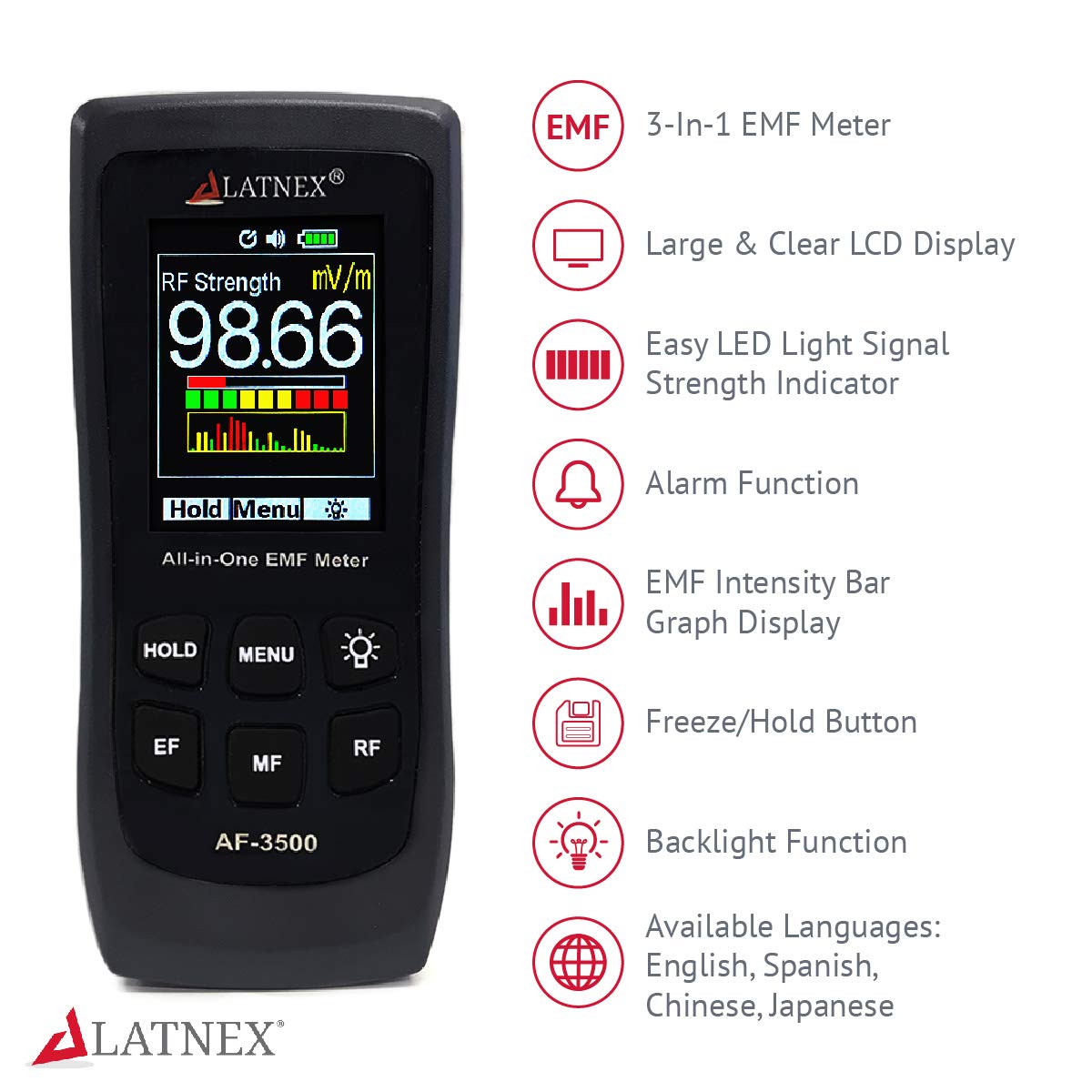 LATNEX AF-3500 EMF Meter RF Detector and Reader with Calibration Certificate - Measures RF and Microwaves, 3-Axis Gauss Magnetic Fields and Electrical Fields ELF