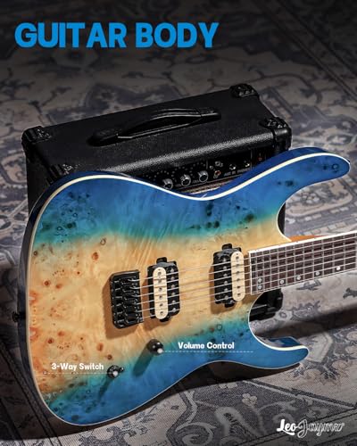 Leo Jaymz Electric Guitar Monsoon Series,Reverse Headstock,Mahogany Body,Roasted Maple Neck,Rosewood Fretboard,Locking Tuners,Rounded End Frets,AlnicoV Pickups,Fixed Bridge (Blue Flame)