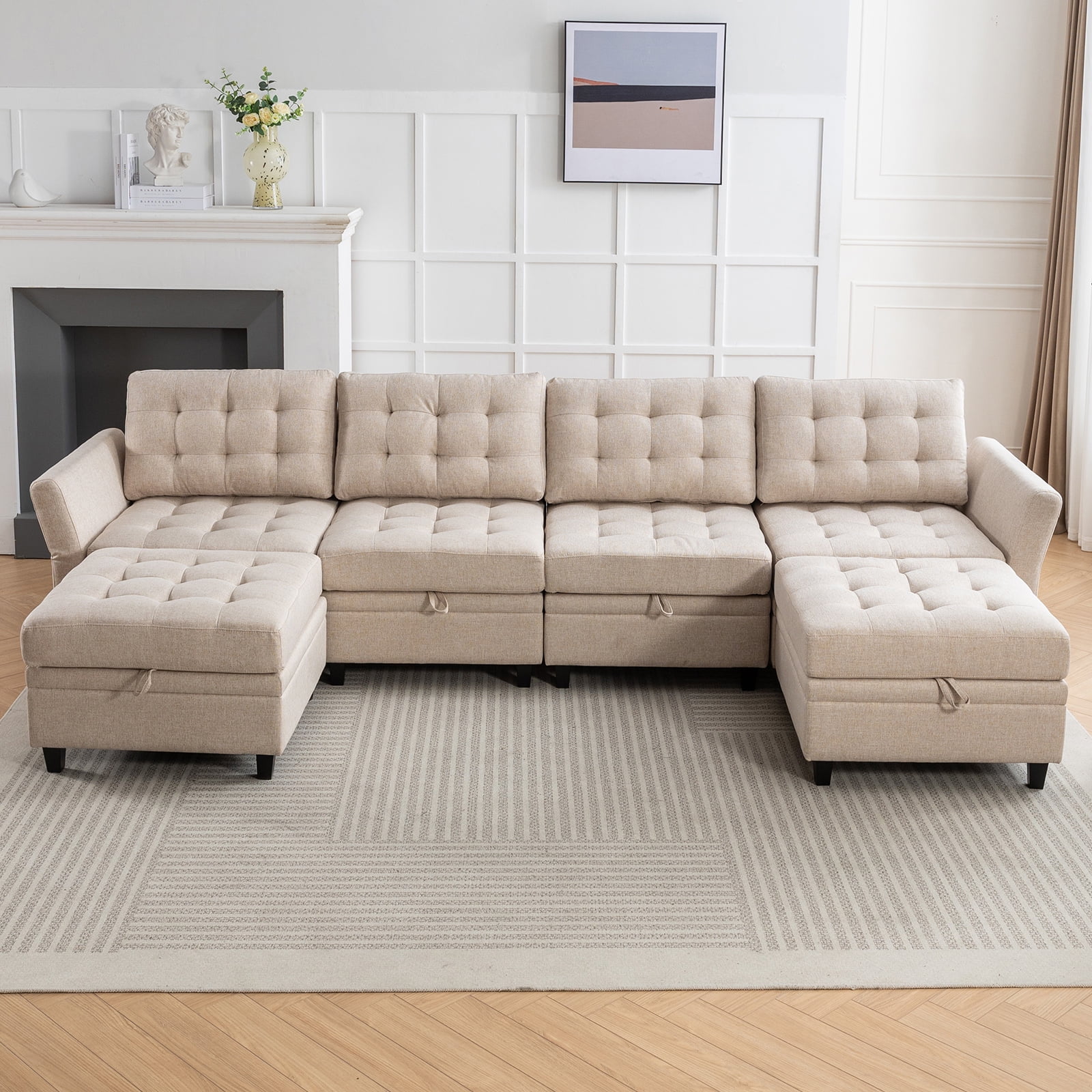 ijuicy Modern U/L Shaped Sectional Sofa Set with Storage Ottoman ,Oversized 6-Seat Modular Sofa Couch with Adjustable Armrest for Living Room,Beige