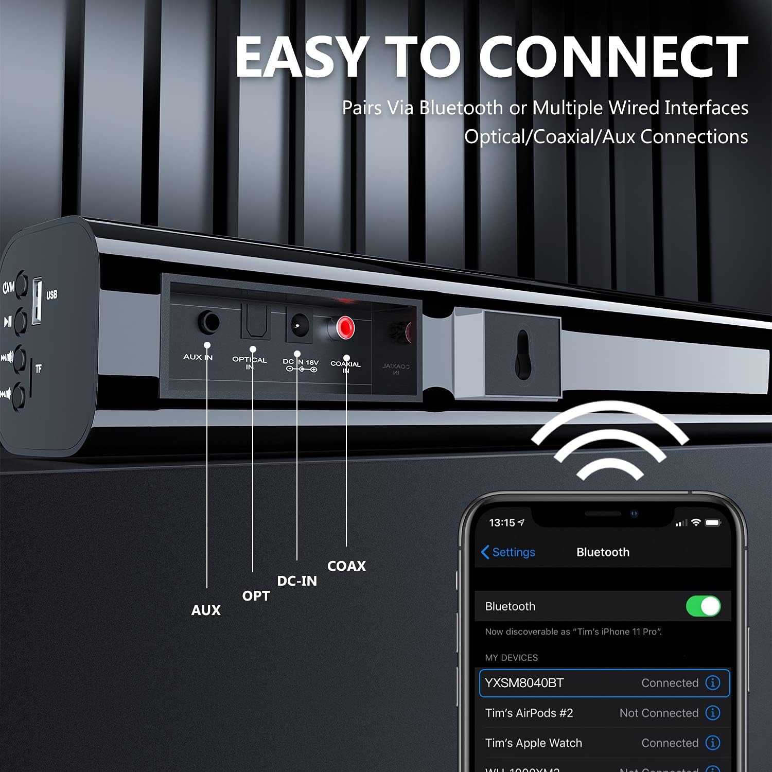 Smalody Soundbar, 31 Inch Sound Bar for TV with LED Display, Home Theater System - Connects to Bluetooth, Optical, Coaxial, AUX Input, Connection