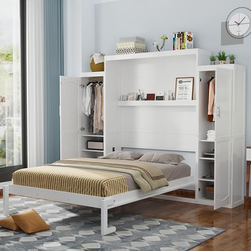 KLMM Wooden Murphy Bed Wall Bed with 2 Wardrobe and Storage Shelf,Foldable Platform Bedframe for Guest-Room Bedroom Study Office Use (White#E, Full)