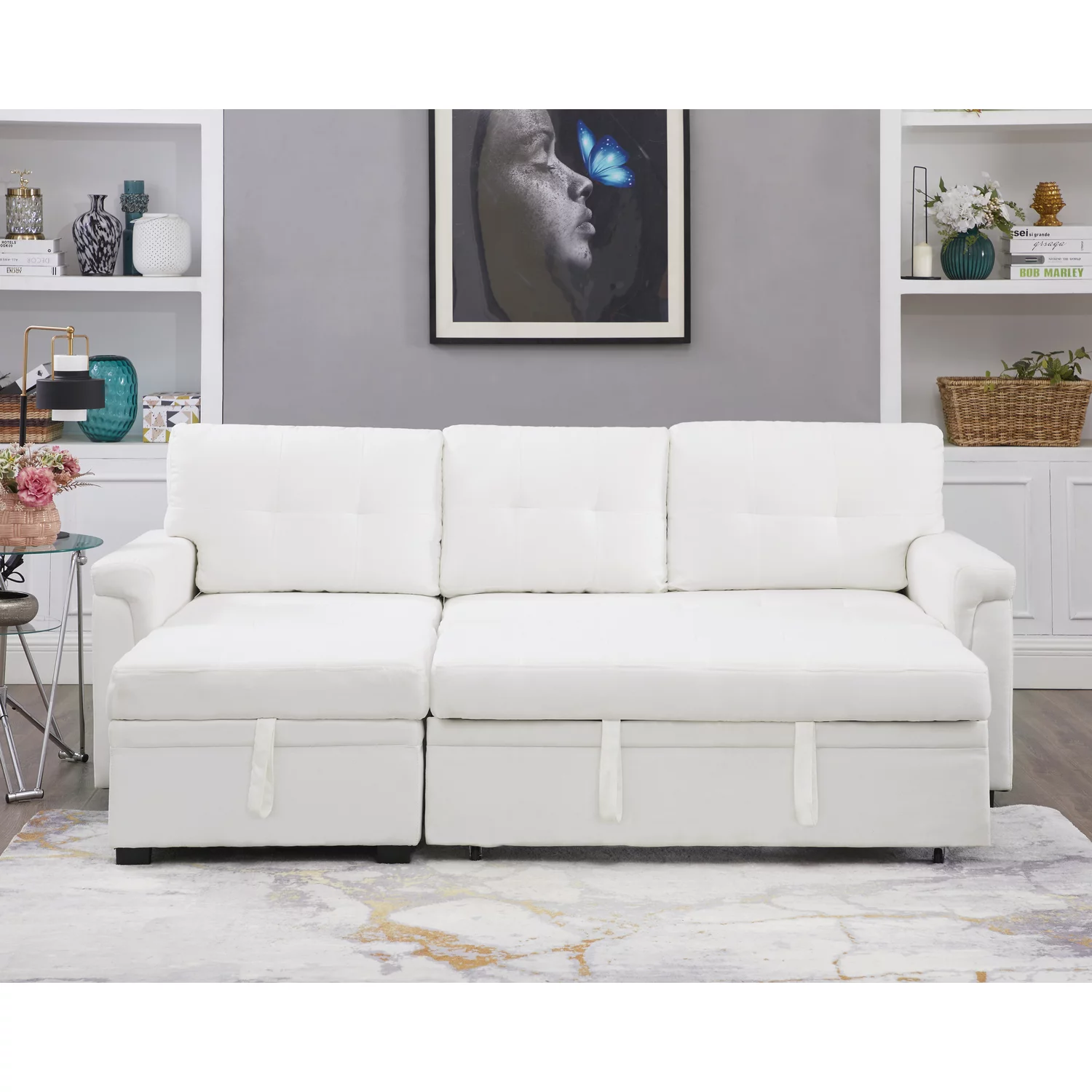 Naomi Home Jenny Sectional Sleeper Sofa - Elegant L-Shaped Couch Convertible Pull-Out Bed, Ample Storage, Timeless Design, Sturdy Construction, Long-Lasting for Modern Living, Velvet, White