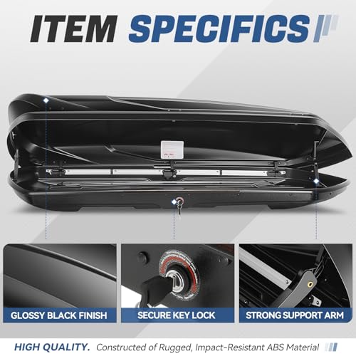 Auto Dynasty Hard Shell Roof Top Mount Car Storage Travel Luggage Box Cargo Carrier, 53 (L) x 34 (W) x 15 (H) Inches, Capacity 110 Pounds, 11 Cubic Feet (Tool-Free Install), Glossy Black Finish