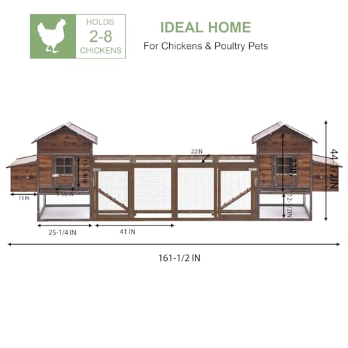 Large Wooden Chicken Coop, 160IN Outdoor Chicken Cages and Run with Nesting Boxes for 2-8 Chickens, Hen Run Poultry Pet House Rabbit Hutch with Waterproof Roof & Removable Tray for Backyard (Two)
