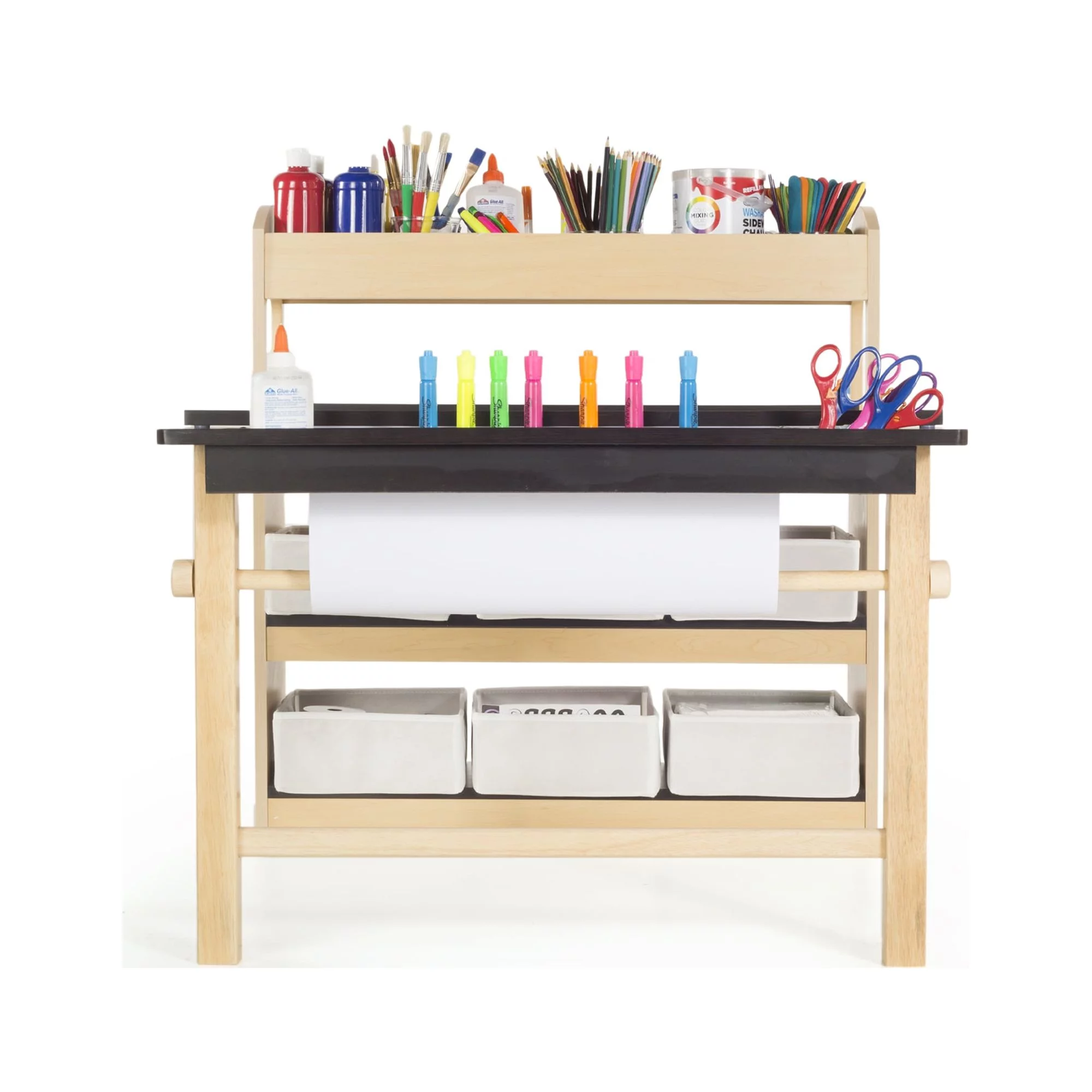 Guidecraft Deluxe Art Center: Drawing Desk and Painting Table for Kids, W/ Two Stools, Craft Supplies Storage Shelves, Canvas Bins, Paper Roll – Preschool Toddler Wooden Learning Furniture