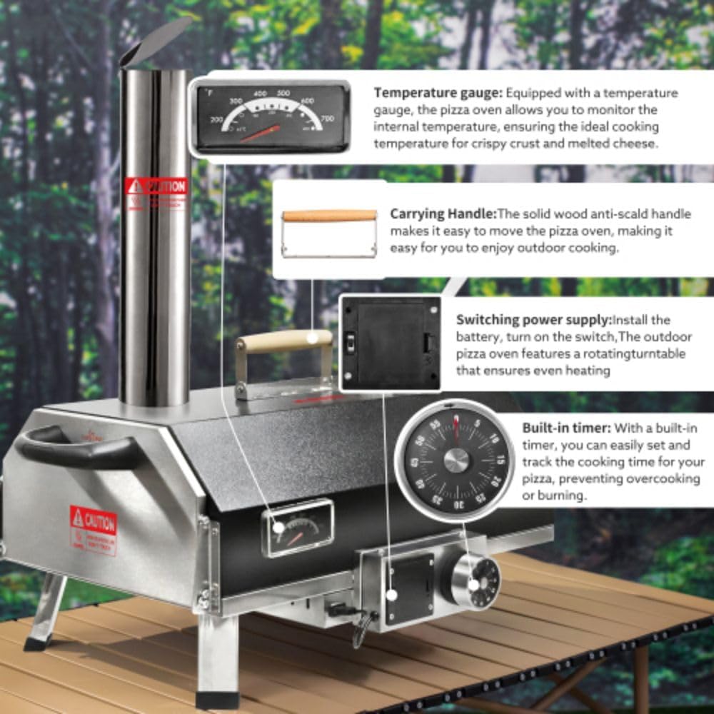 Tzou Pizza Oven Portable 12" Outdoor Wood Fired Pizza Oven with Built-in Thermometer Stainless Steel Pizza Stove for Outside Backyard Camping Picnics Black Automatic Hexagon