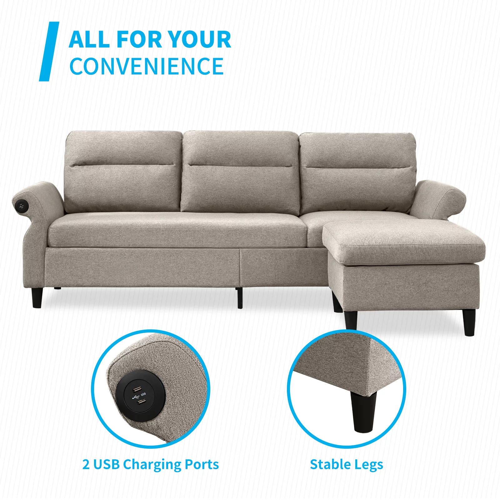 MUZZ Convertible Sectional Sofa Couch, 3 Seat L-Shape Sofa Couch with 2 USB Ports and Adjustable Armrest, Small Reversible Sectional Couches with Ottoman for Living Room, Apartment, Beige