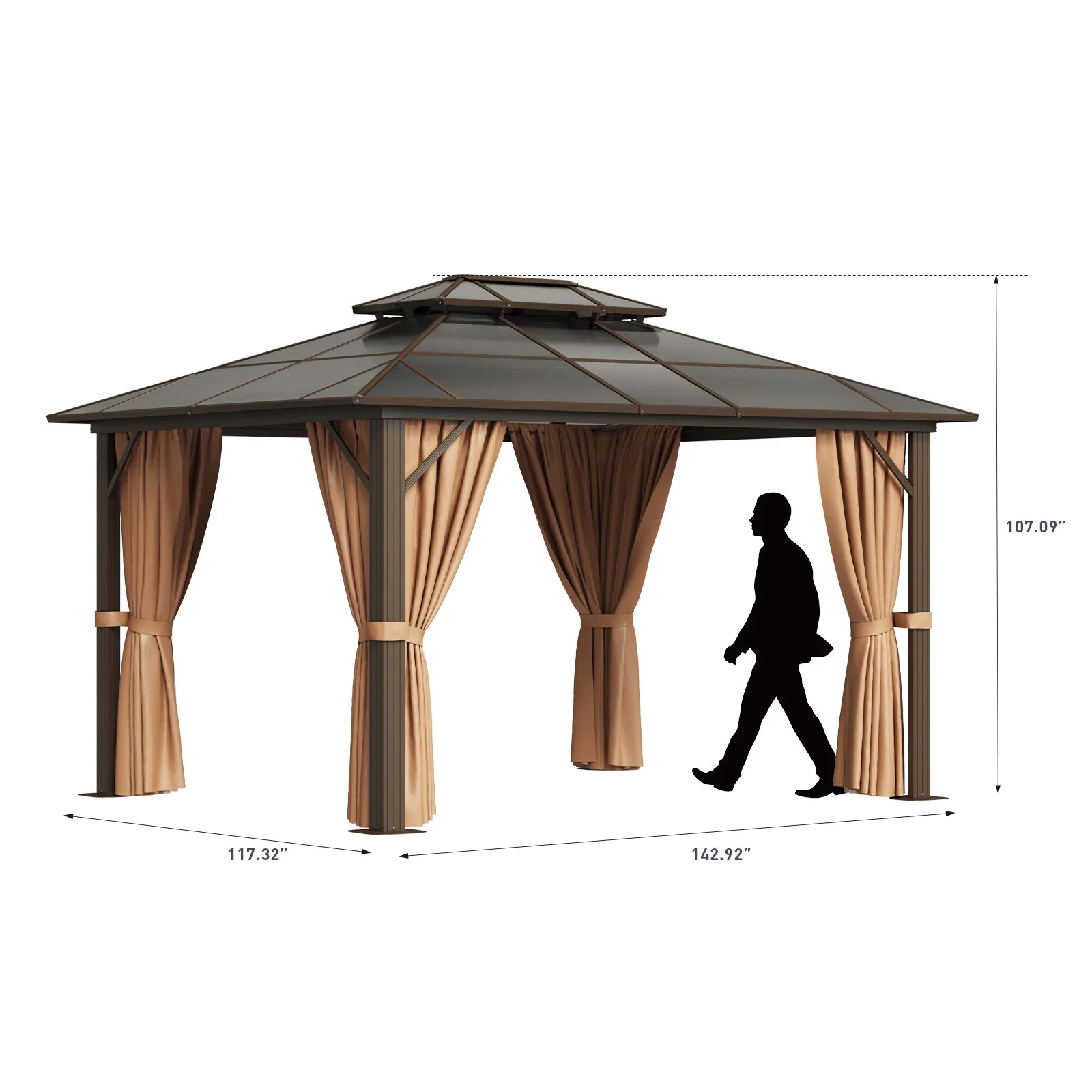 Aoxun 10 ft. x 12 ft. Hardtop Gazebo, Double Polycarbonate Roof Aluminum Frame Gazebo W/Curtain and Netting, Brown