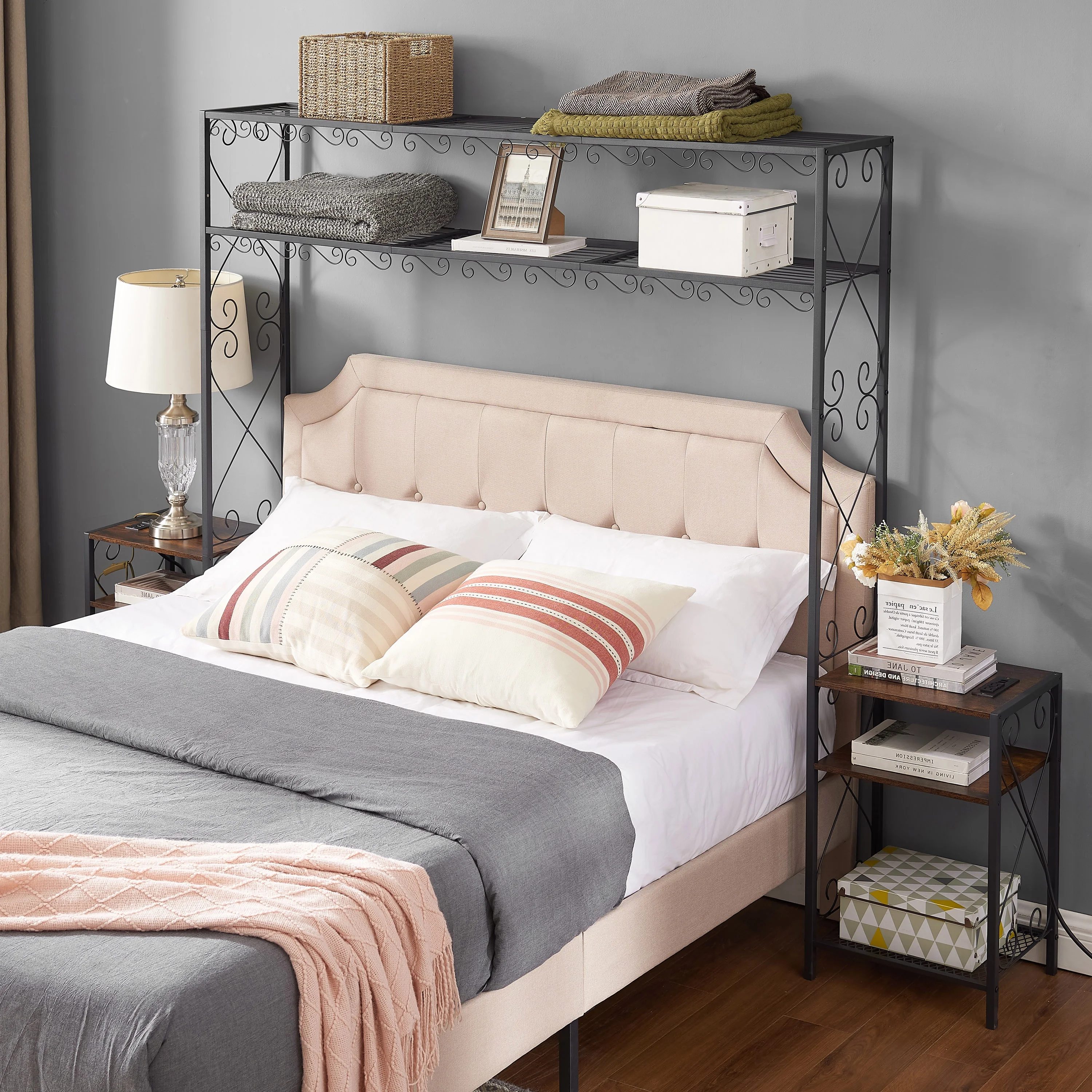 Queen Bed Frame with 2 Nightstands Headboards with Storage Cabinet, Headboard with Shelves, Bookcase Headboard Queen Easy Assembly for Bedroom Iron and Wood Rustic Brown