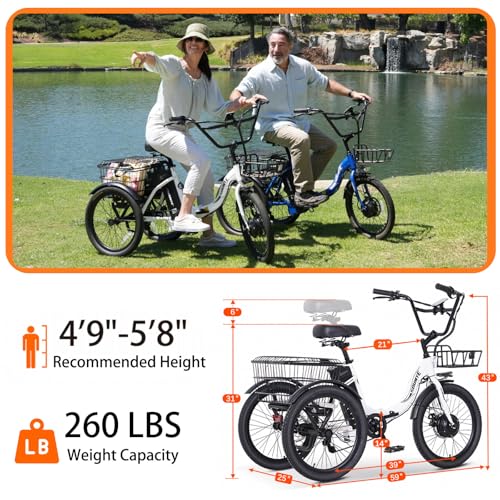 Electric Tricycle 20" 3 Wheels Electric Trike for Adults Women Men | Folding, Electric Bicycle Bikes, 350W, Step-Thru, Etrike, 374WH, Removable Battery, Large Basket