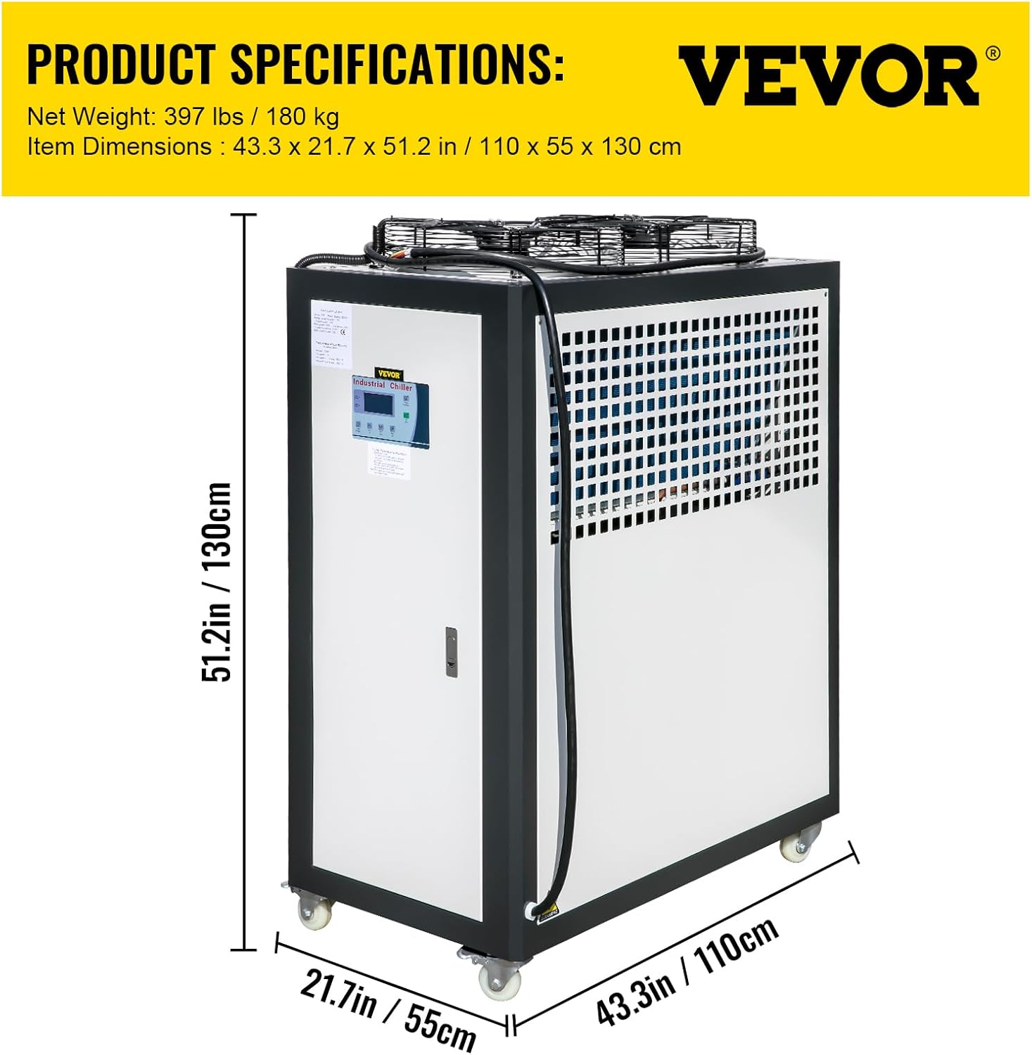 VEVOR Air Cooled Water Chiller 5 Ton Portable, 5Hp 53L Tank Industrial Chiller, Finned Condenser w/Micro-Computer Control, 15KW Cooling Capacity Stainless Steel Tank Chiller Machine for Cooling Water