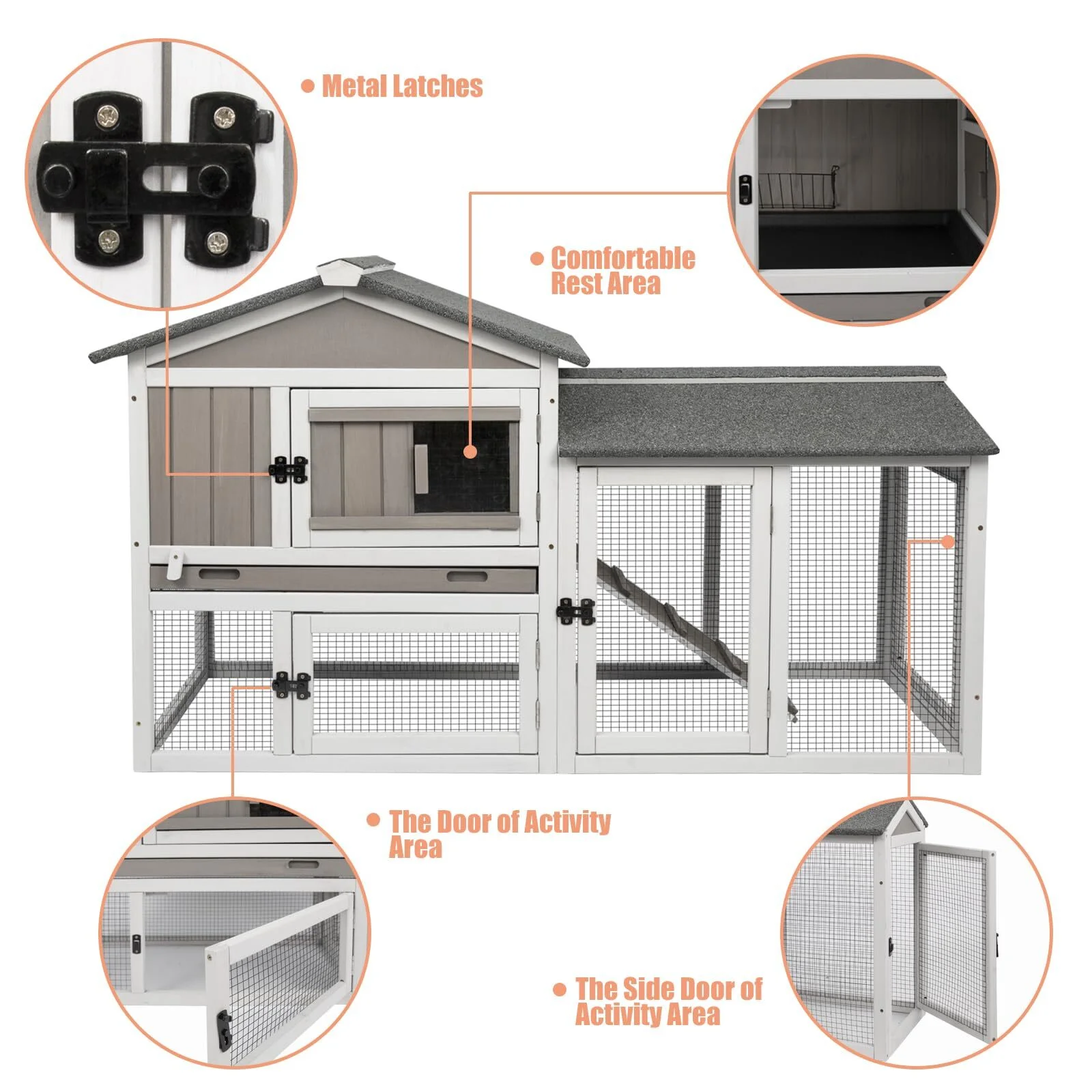 PETSCOSSET Rabbit Hutch Indoor Outdoor 66.9" L Bunny Hutch with Pull Out Tray,2 Story Wooden Rabbit Cage with Asphalt Roof,Guinea Pig Cage with Ventilation Doors,Ramp for Small Animals,Gray - Curated Treasures Market