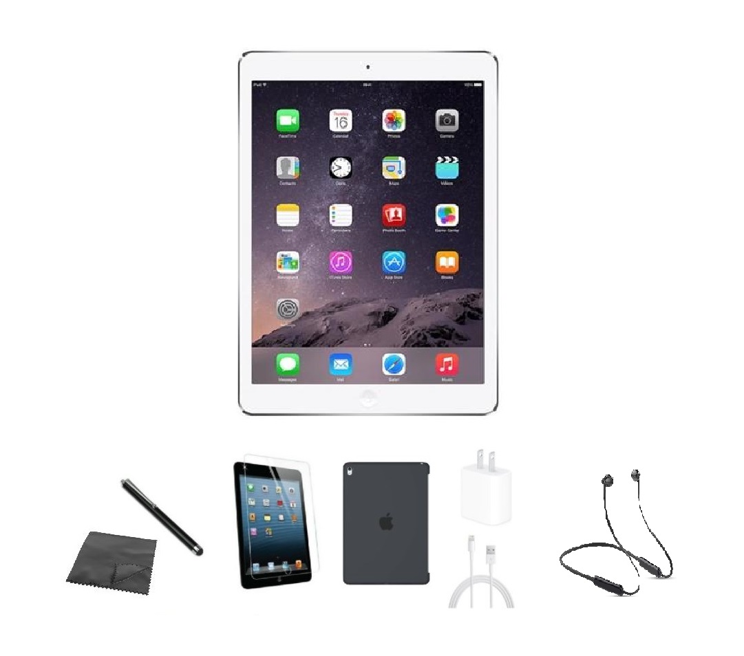 Restored Apple iPad Air A1474 (WiFi) 16GB Silver Bundle w/ Case, Bluetooth Headset, Tempered Glass, Stylus, Charger (Refurbished)