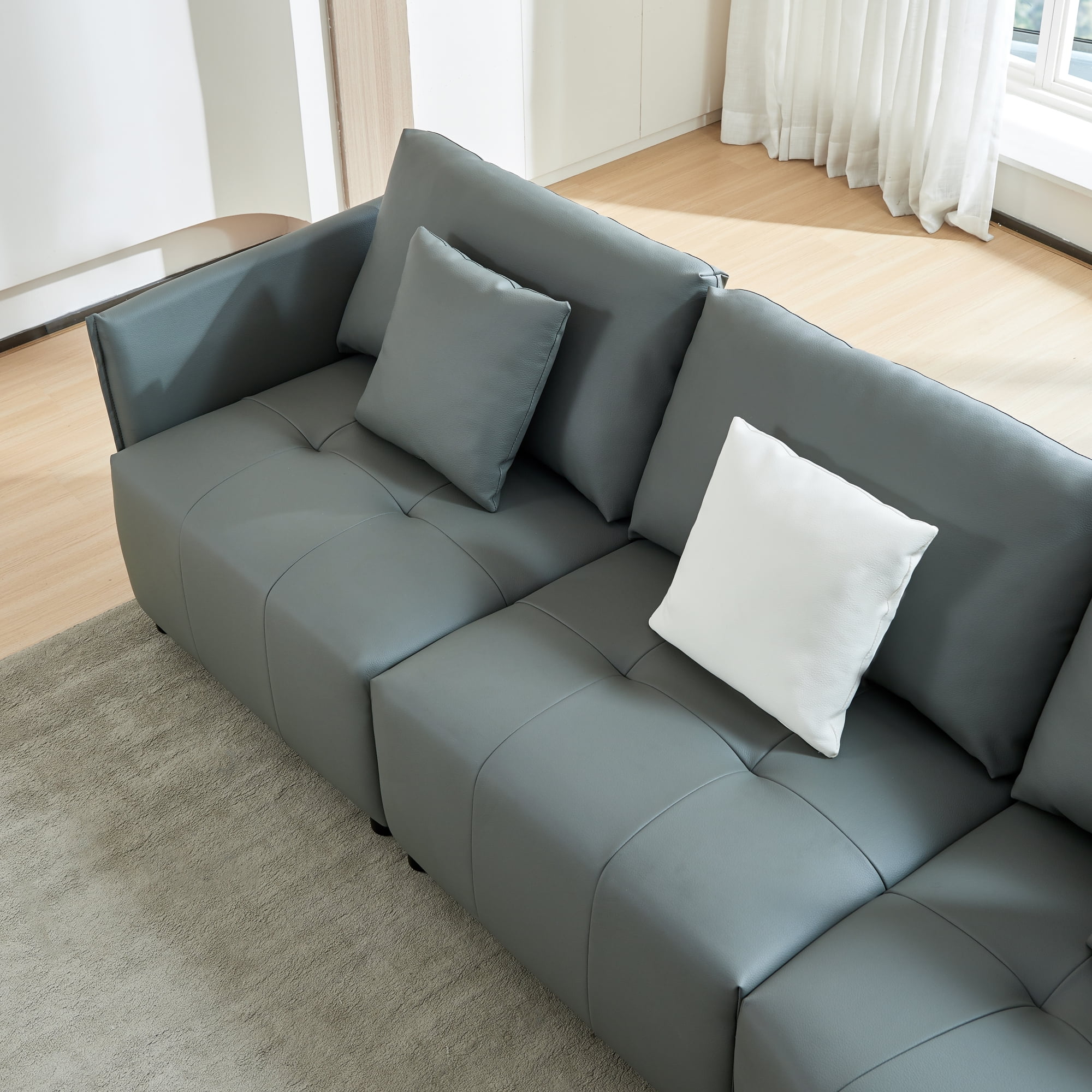 120'' Real Leather Sofa, Modern Modular Sectional Couch, Button Tufted Seat Cushion for Living room, Apartment & Office.(Dark Gray)