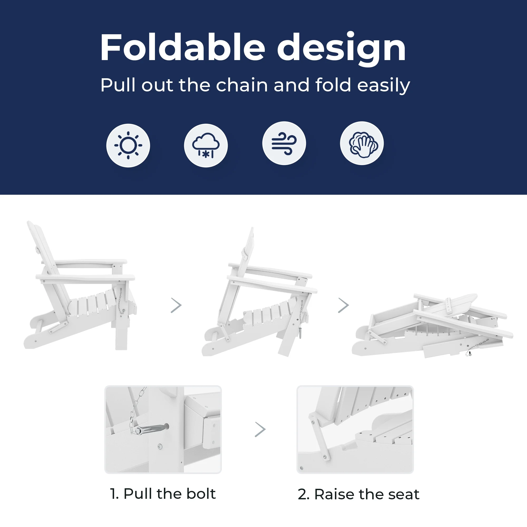 JEAREY Plastic Adirondack Chair, HDPE All-Weather Outdoor Folding Adirondack Chair for Outside, White