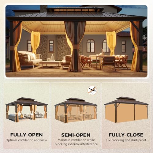YOLENY 10' x 12' Hardtop Gazebo, Wood-Looking Gazebo with Galvanized Steel Double Roof, Aluminum Frame, Permanent Metal Pavilion with Netting and Curtains for Deck, Backyard, Patio and Lawns