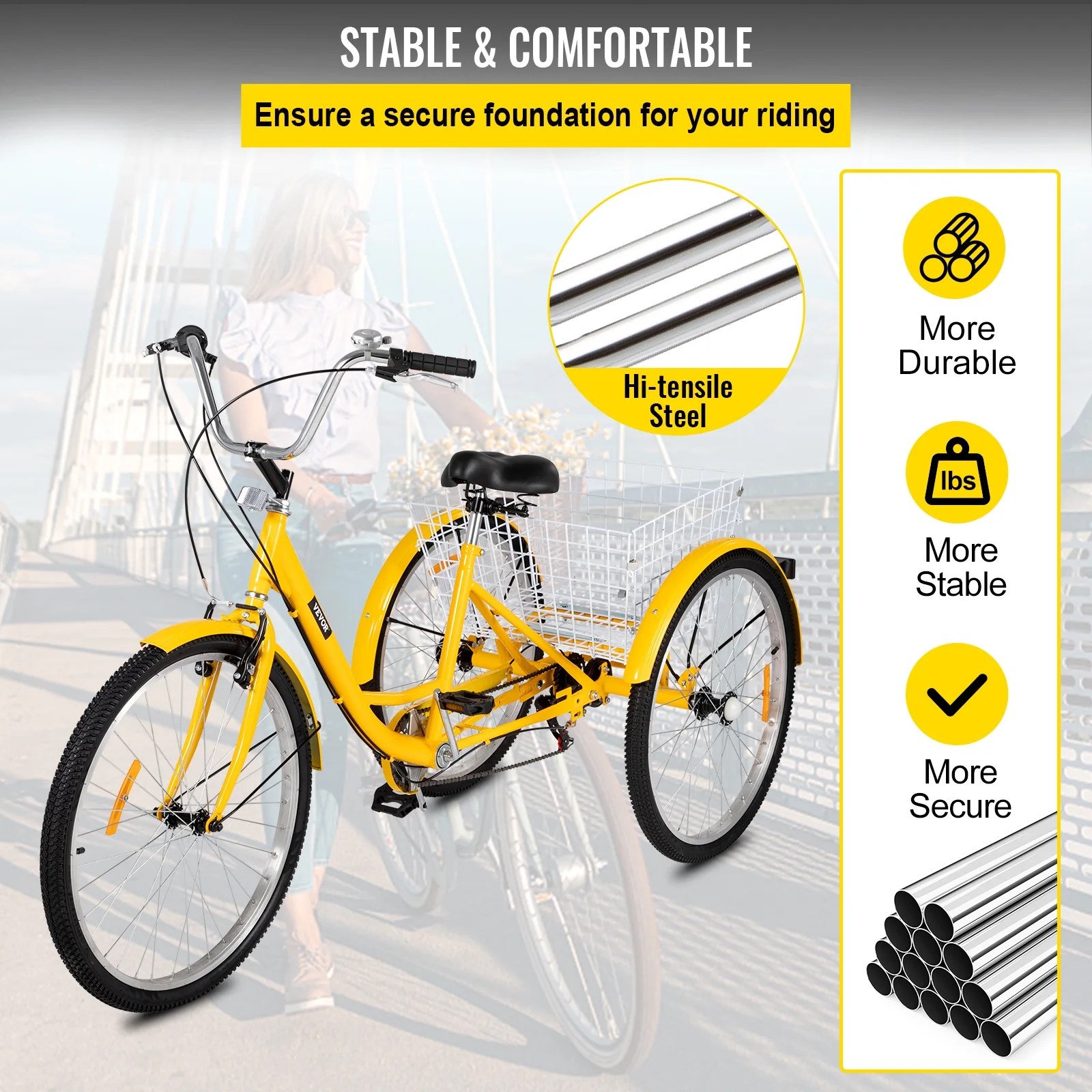 SKYSHALO Adult Tricycle 26in Adjustable Trike 7 Speed 3-Wheels Cruise Bike with Bell, Rear Brake System Cruiser Bicycles Large Size Basket for Shopping