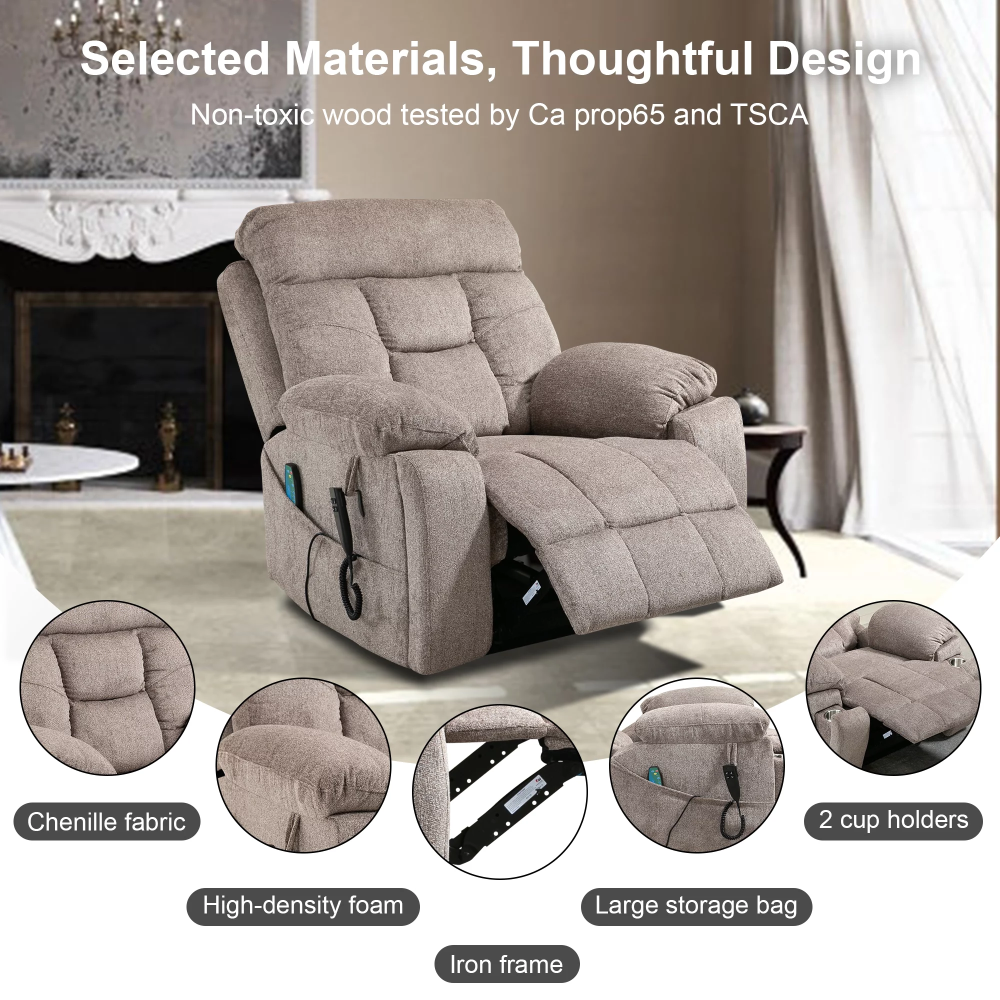 Dual Motor Power Lift Recliner Chair with Massage and Heat for Elderly People,Oversized Recliners Chair for Big Tall men,Infinite Position, 180 Degrees,Cup Holders,Side Pocket,Fabric,350 lbs