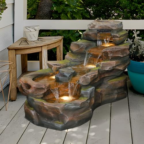 37" L Garden Outdoor Water Fountain, Floor Standing 5-Tiers Rock Natural Waterfall Outdoor Fountains with LED Lights for Patio, Porch, Home Art Decor