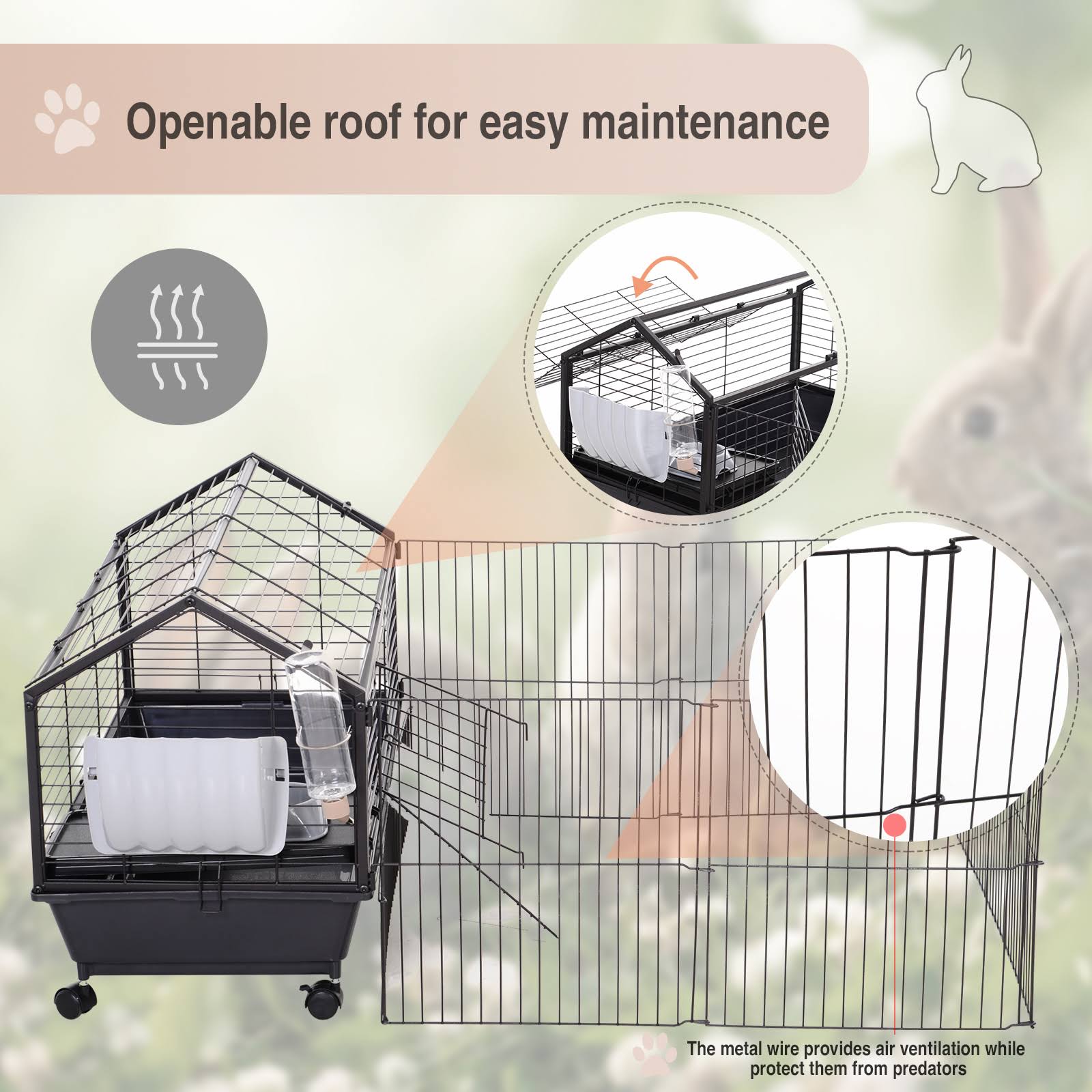 Pawhut Rolling Metal Rabbit Guinea Pig or Small Animal Hutch Cage with Main House and Run 35x22 L