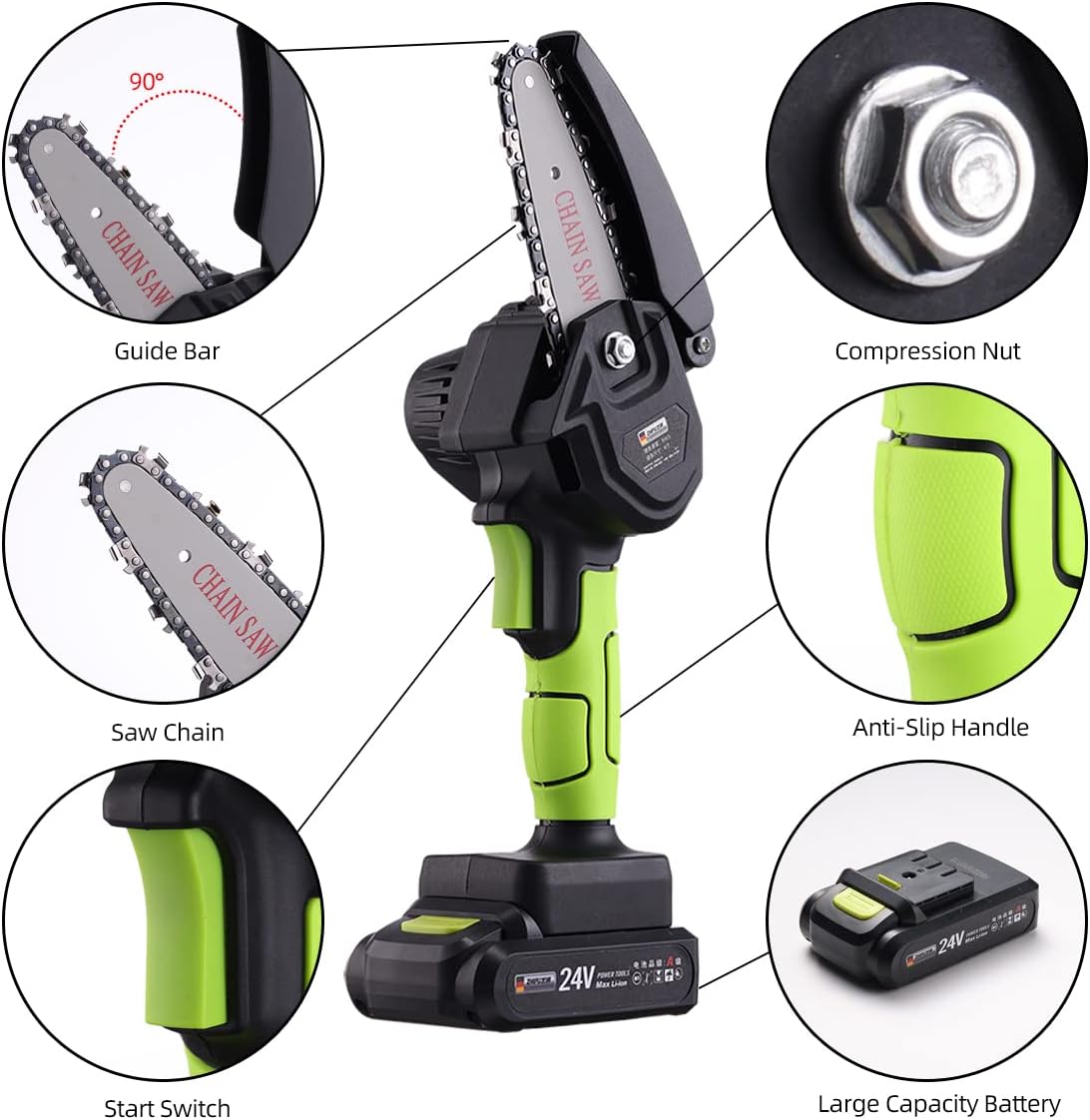 DOCFUN Mini Chainsaw Cordless with 2 Pcs 24V Rechargeable Battery, Portable One-Handed Chainsaw for Tree Trimming Branch Wood Cutting and Gardening Pack of 2