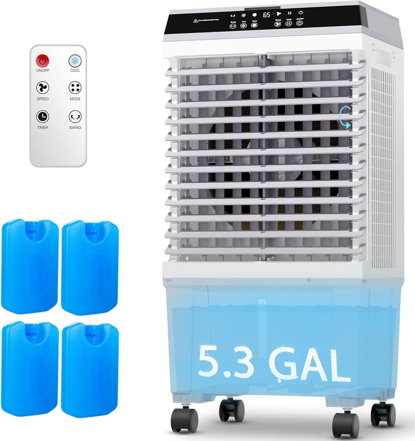 1800CFM Evaporative Air Cooler, Portable Swamp Cooler with Remote Control, 12H Timer, 120°Swing,4 Ice Boxes, 5.3 Gal Water Tank, 2 Modes,3 Speeds for Indoor Room Use(31")