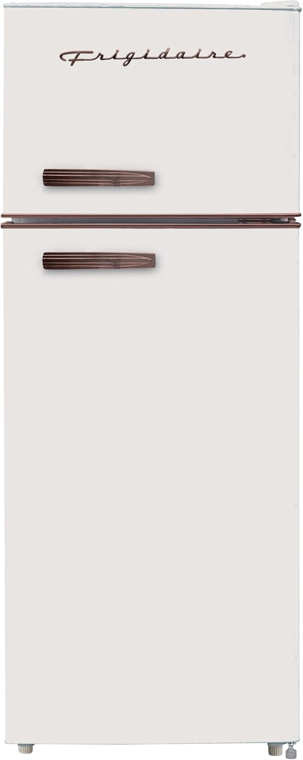 Frigidaire EFR753-RGWHITE Retro Apartment Size Refrigerator with Top Freezer-2 Fridge with 7.5 Cu Ft of Storage Capacity, Adjustable Spill-Proof Shelves, Door & Crisper Bins, White, Rose Gold Accents