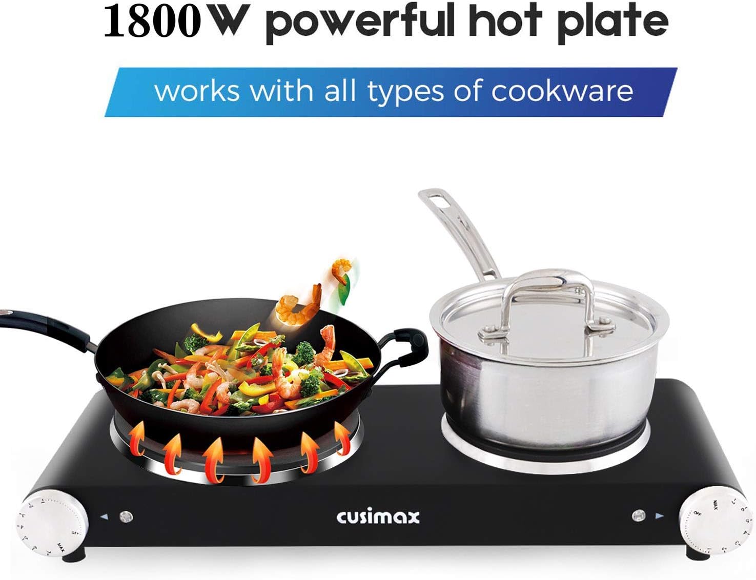 Cusimax Hot Plate Electric Burner Single Burner Cast Iron hot plates for cooking Portable Burner 1500W with Adjustable Temperature Control Stainless Steel Non-Slip Rubber Feet, Upgraded Version