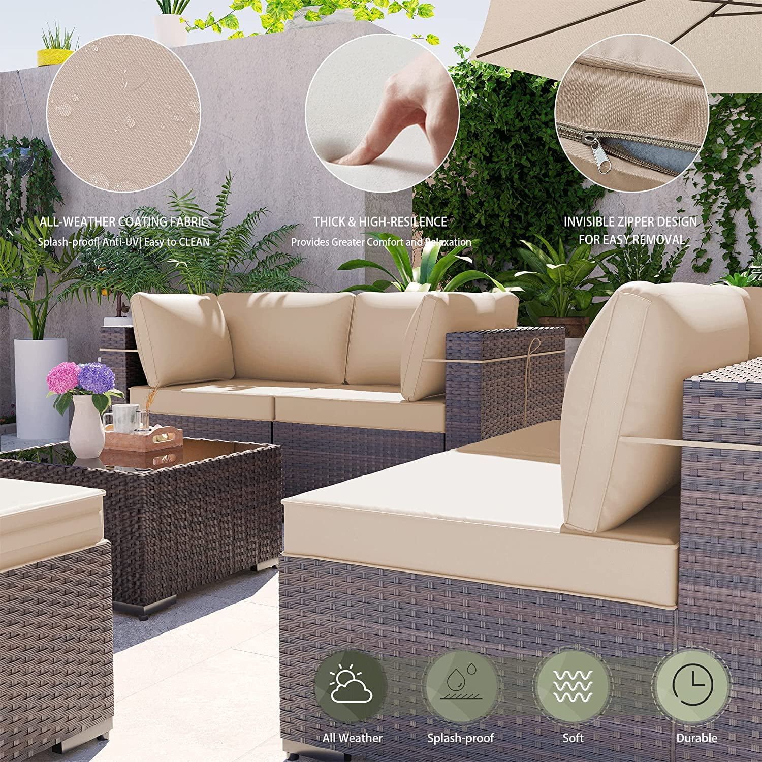 Popular Outdoor Patio Furniture Set  14 Pieces Outdoor Furniture All Weather Patio Sectional Sofa PE Wicker Modular Conversation Sets with Coffee Table 12 Chairs &amp; Seat Clips(Sand)