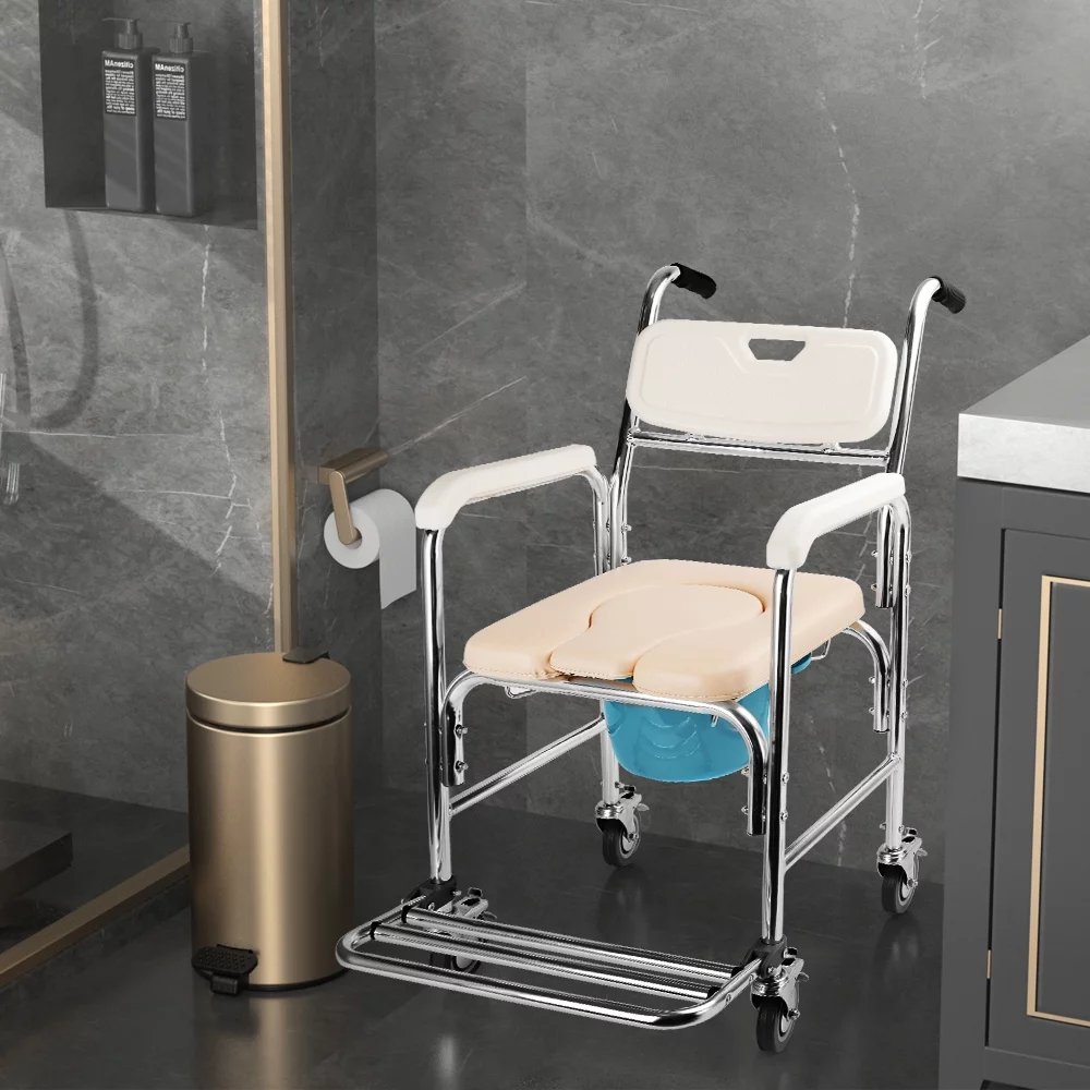 Shower Commode Chair with Wheels 4 in 1 Mobility Multi-Functional Rolling Shower Chair with Soft Padded Waterproof Mobile Over Toilet Chair with 4 Braking Casters Safe for Seniors, Injure