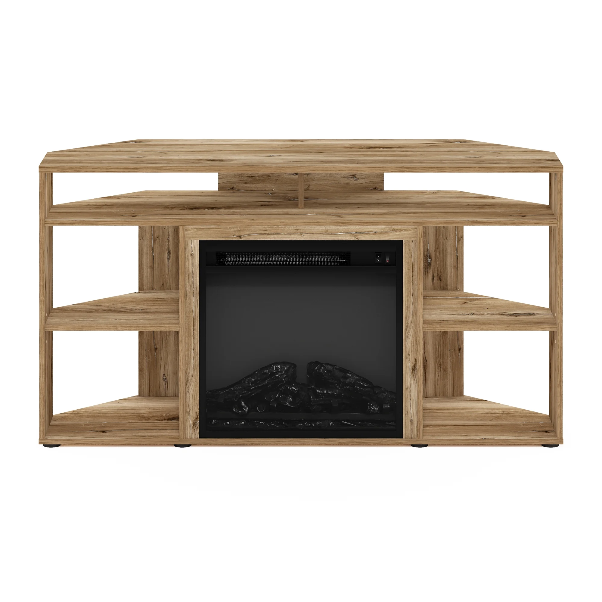 Furinno Jensen Corner TV Stand with Fireplace for TV up to 55 Inches, Flagstaff Oak
