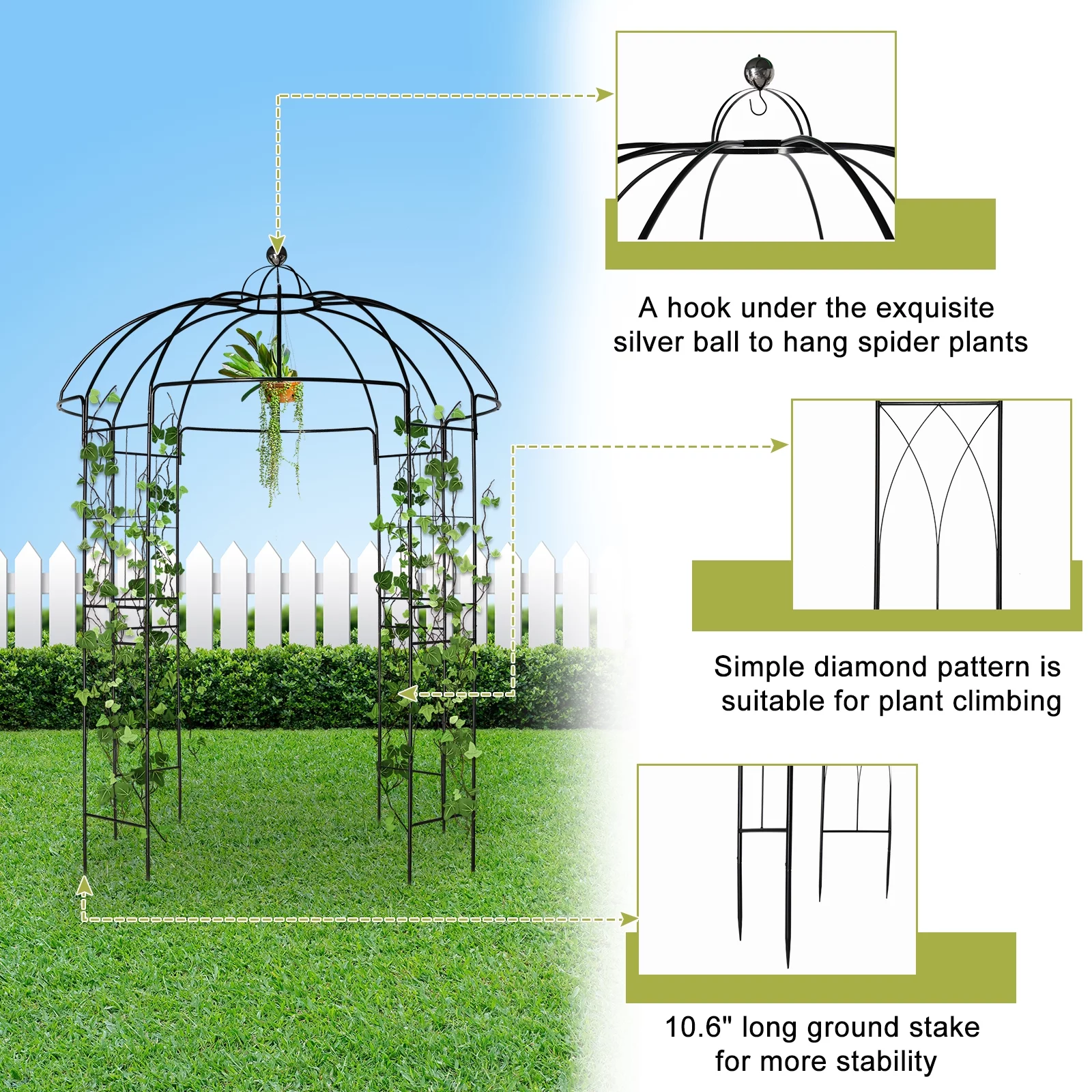Outdoor Trellis Planter, Garden Arbors for Climbing Plants, Black Arch Trellis with Stakes, Climbing Plants Arbor Party Decoration Decor