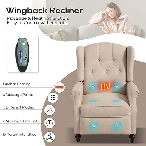 Wingback Recliner Chair with Massage and Heat, Tufted Fabric Pushback Recliner Chair, Wingback Chair with Remote Control, Padded Cushion, Wooden Legs, Small Recliners for Small Spaces